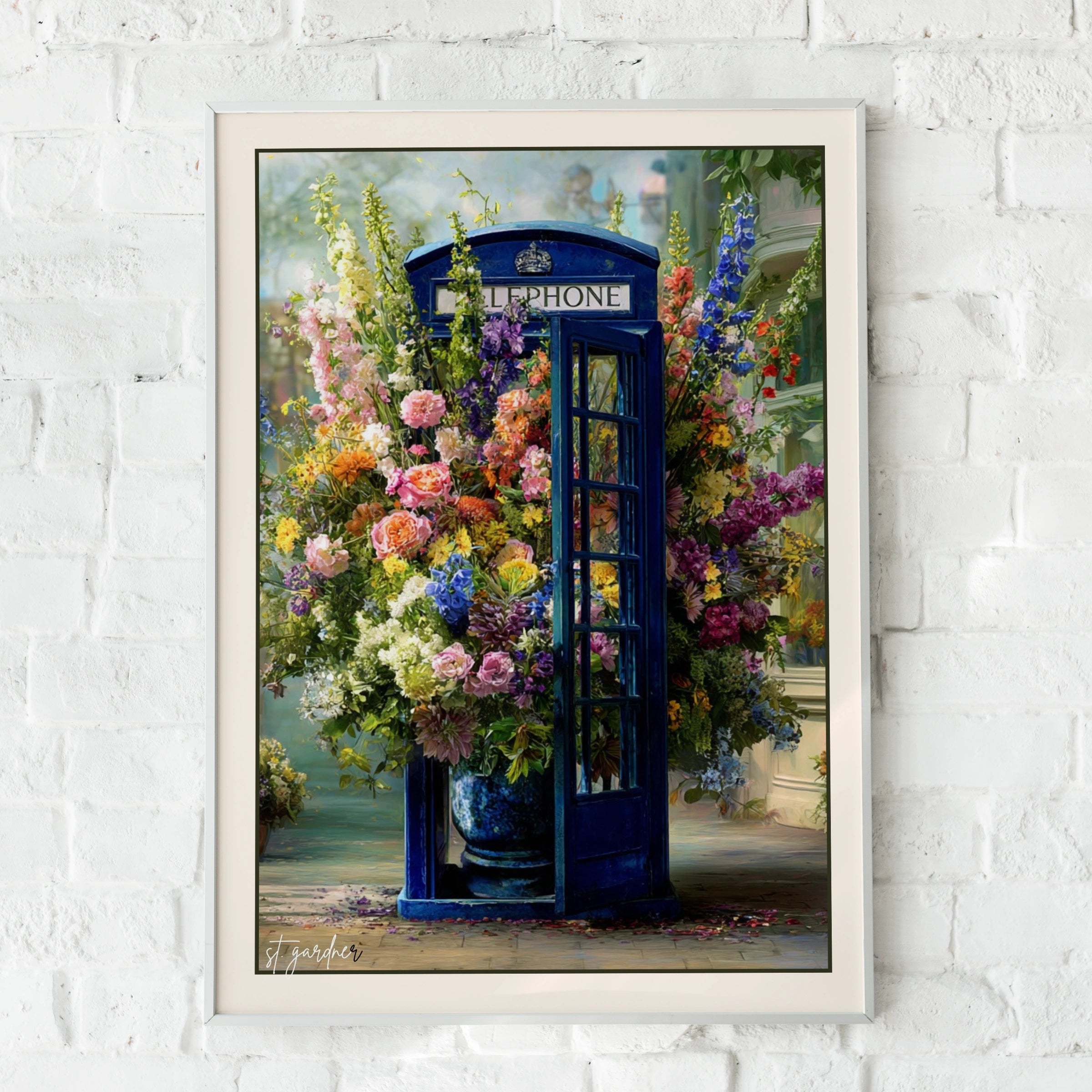 Blue British Phone Box Floral Poster, London Telephone Box Wall Art Print