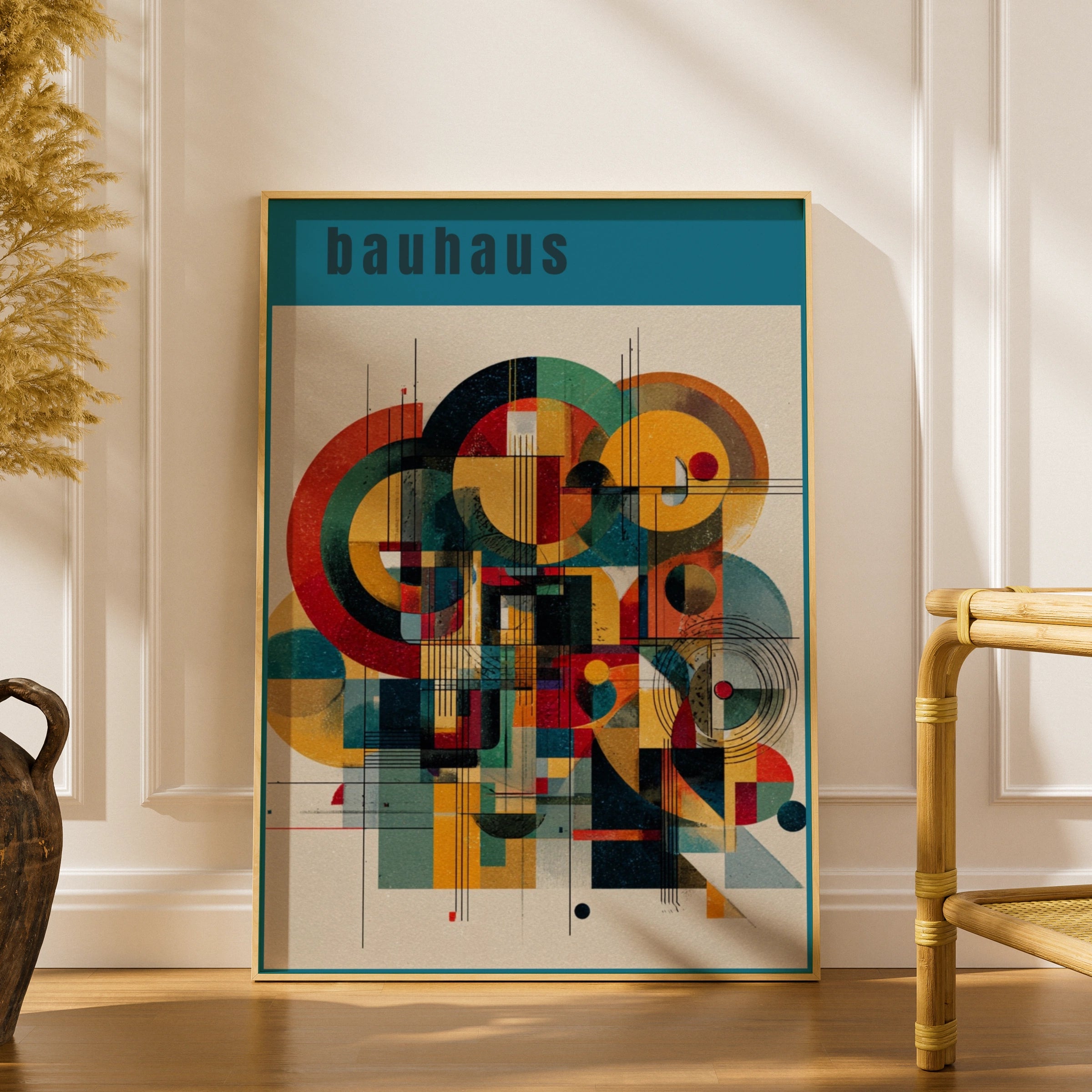 Bauhaus Teal Abstract Geometric Poster, Retro Art Print, Colourful Wall Art Decor