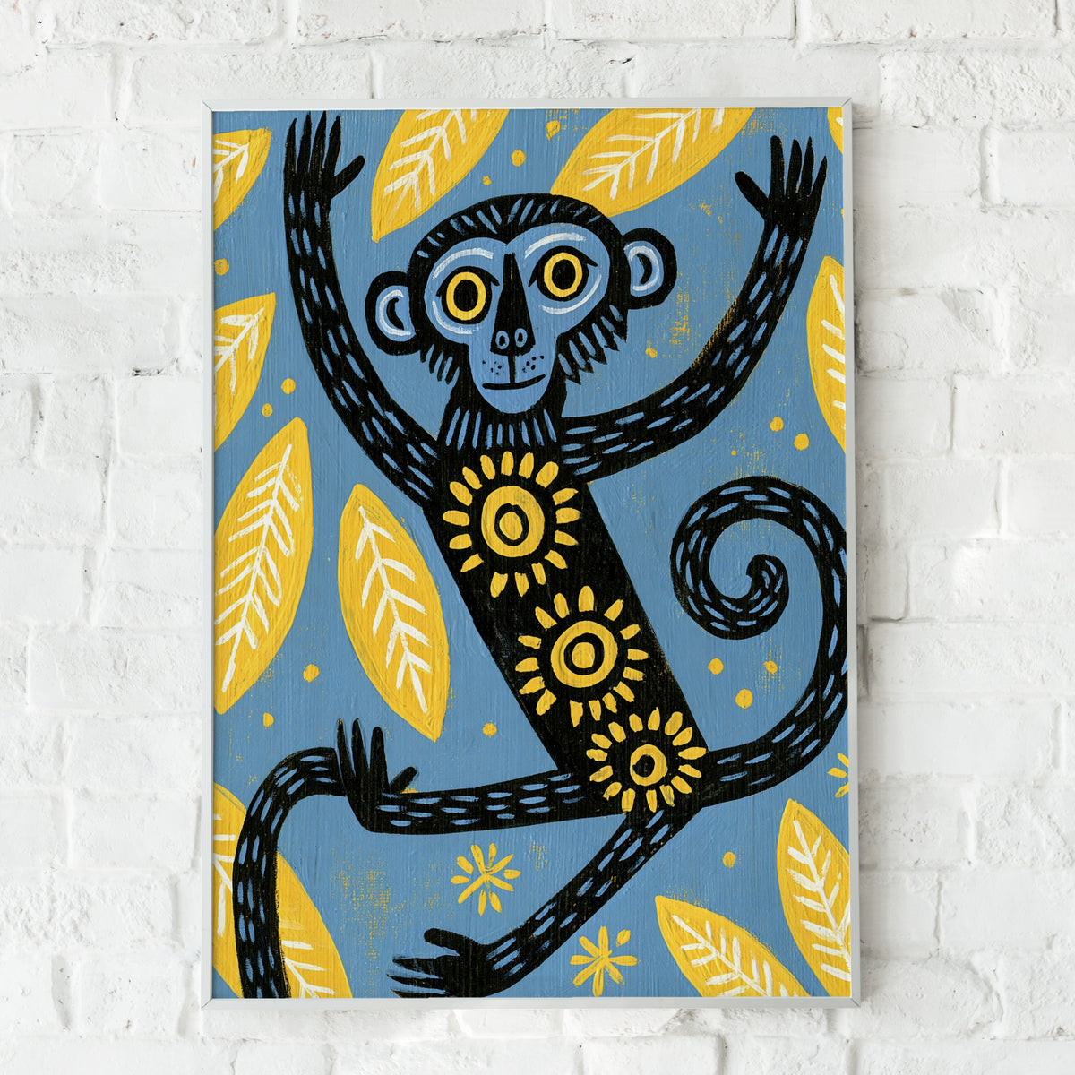 Monkey Kids Wall Art, Folk Art Animal Poster, Blue Yellow Jungle Print, Children's Room Decor