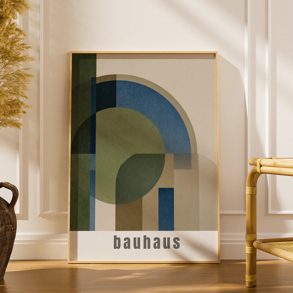 Bauhaus Geometric Art Print, Natural Tones, Green Blue Beige Abstract Wall Poster