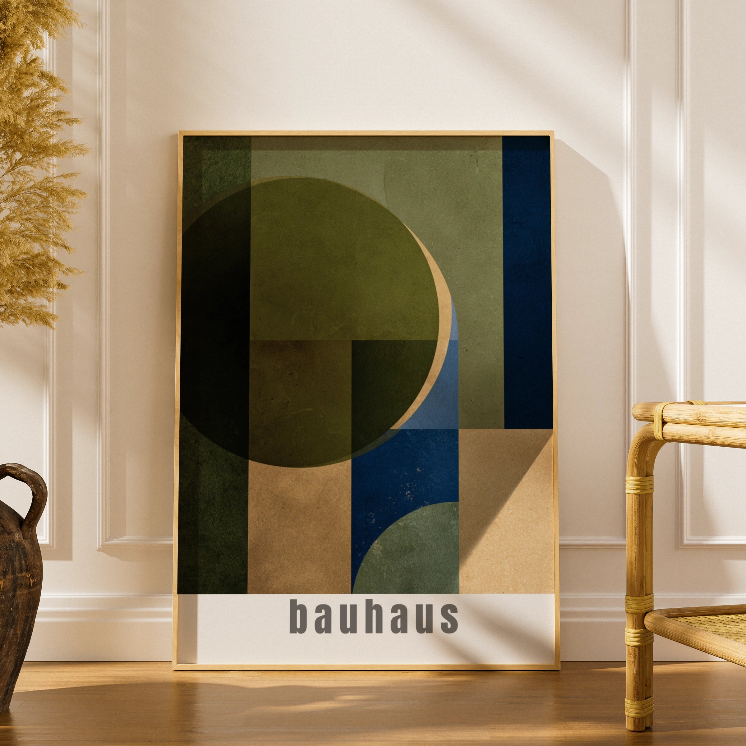 Bauhaus Geometric Poster, Olive Green Blue Beige Wall Art, Mid Century Modern Print