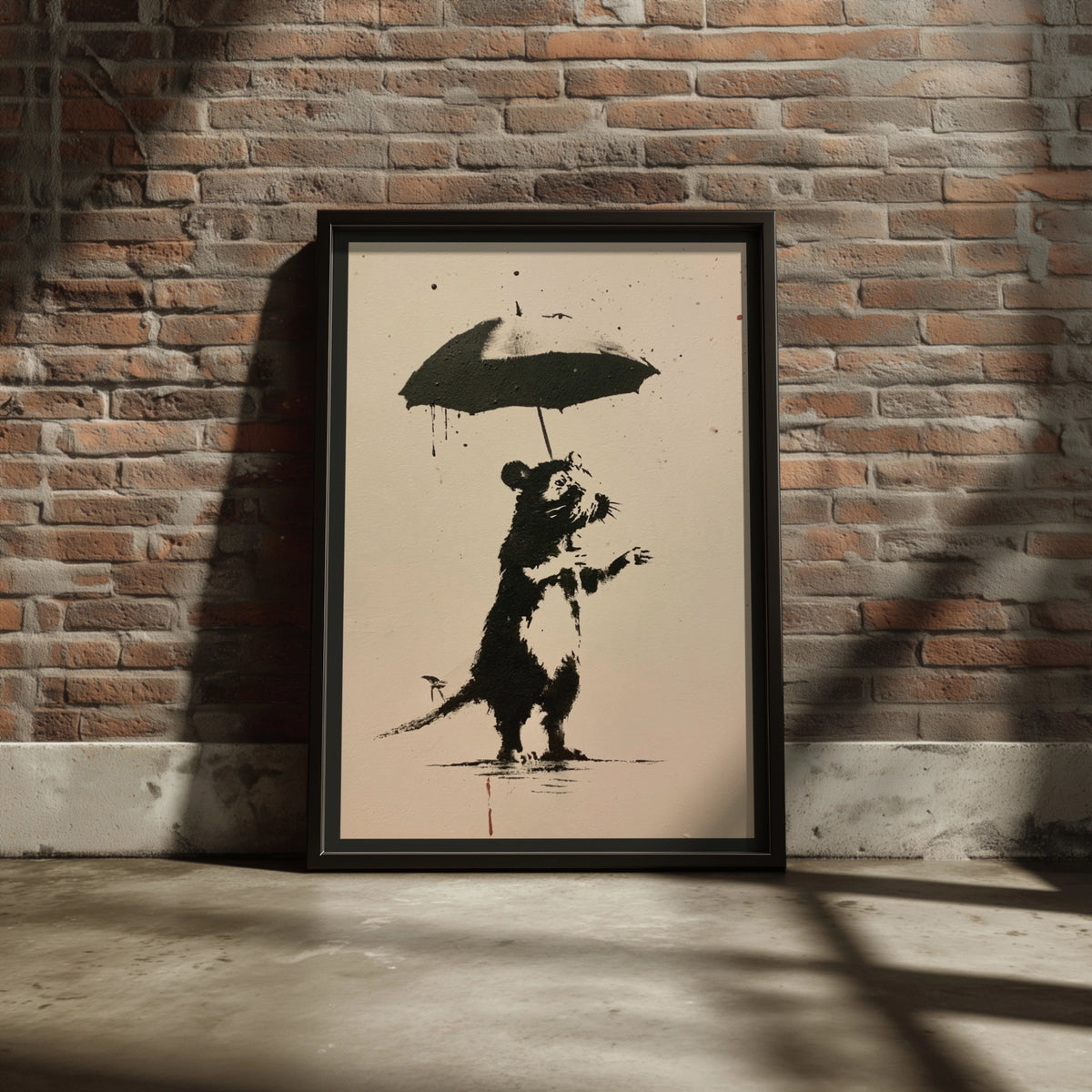 Rat With Umbrella Street Art Poster, Banksy Style Black White Urban Wall Art Print