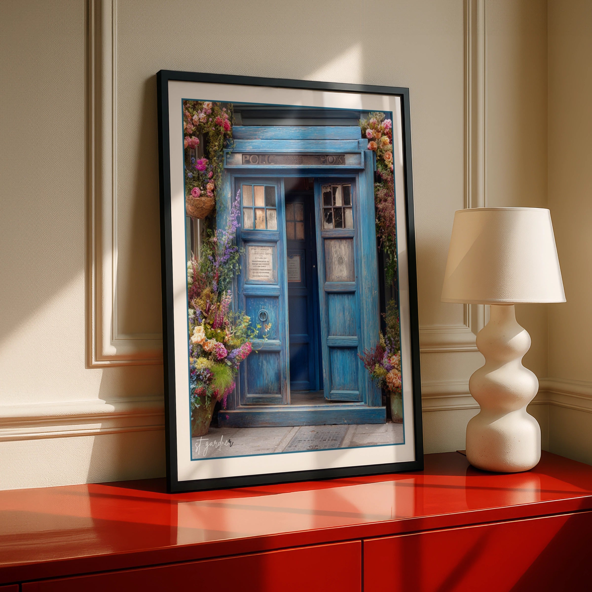Police Box Floral Poster, Blue TARDIS Wall Art, Sci-Fi Vintage Flower Print, UK