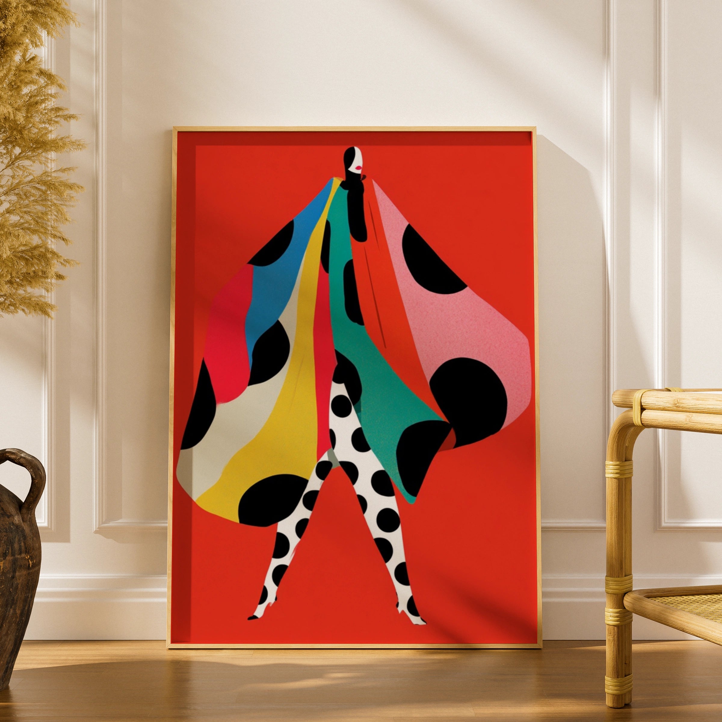 Polka Dot Fashion Poster, Bold Red Art Print, Colourful Woman Wall Art, Retro