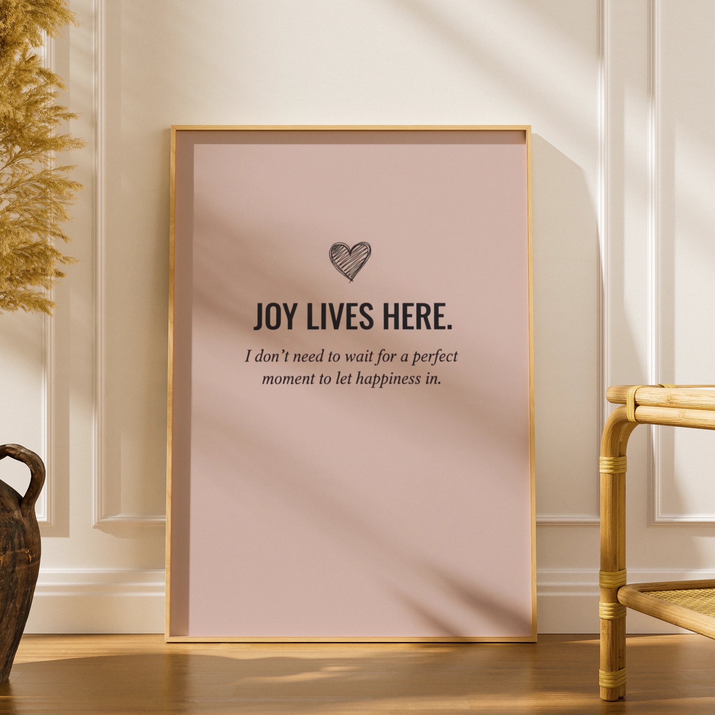 Joy Lives Here Happiness Quote Poster, Blush Pink Minimalist Wall Art Print