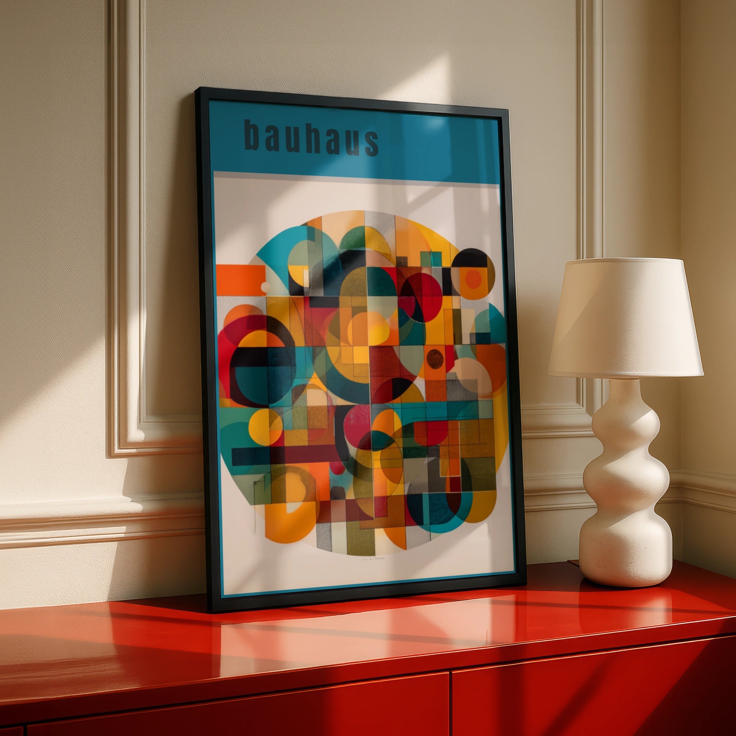 Bauhaus Geometric Art Poster, Teal Abstract Wall Art, Colourful Modernist Print for Living Room