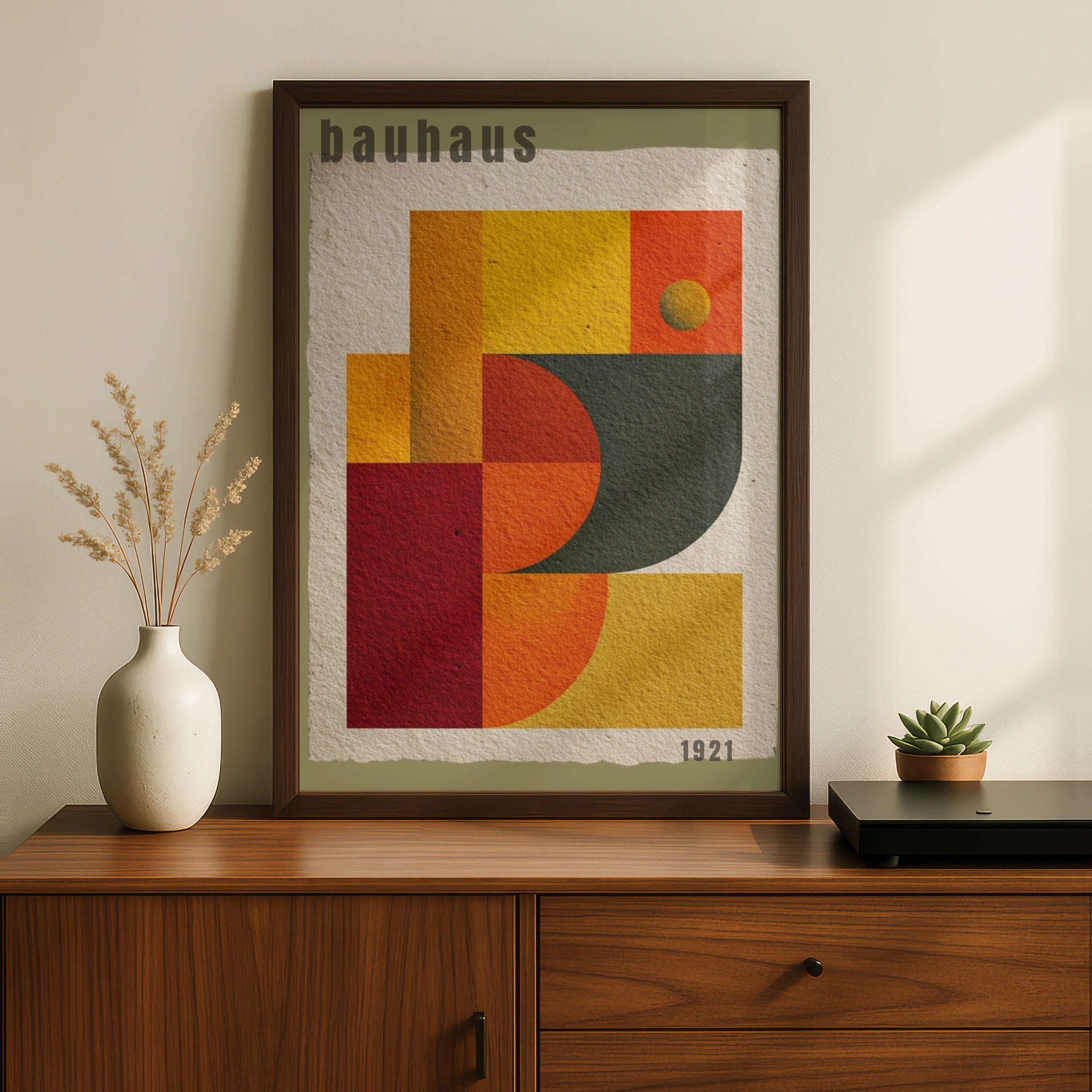 Bauhaus 1921 Geometric Poster, Olive Mid Century Wall Art, Orange Red Abstract Print