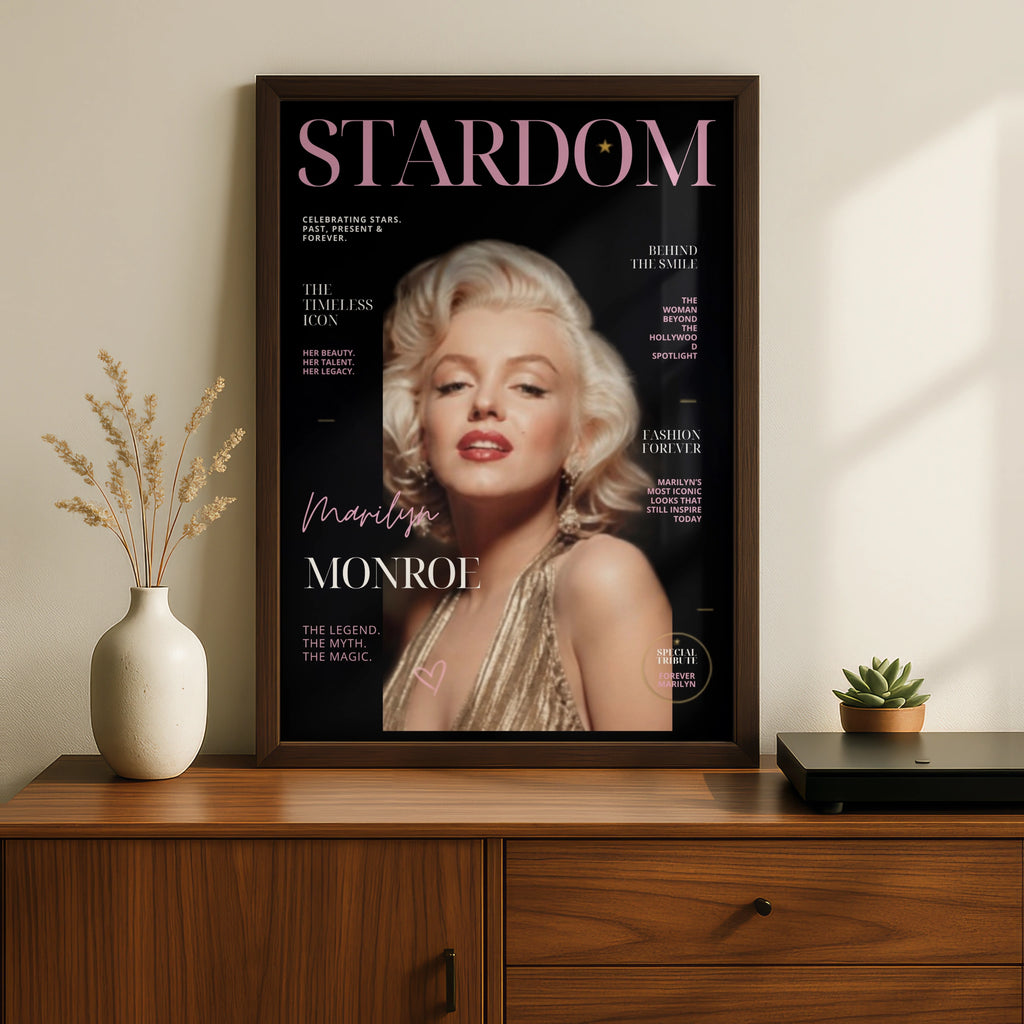 Marilyn Monroe Magazine Cover Poster, Hollywood Icon Wall Art, Black Pink Print