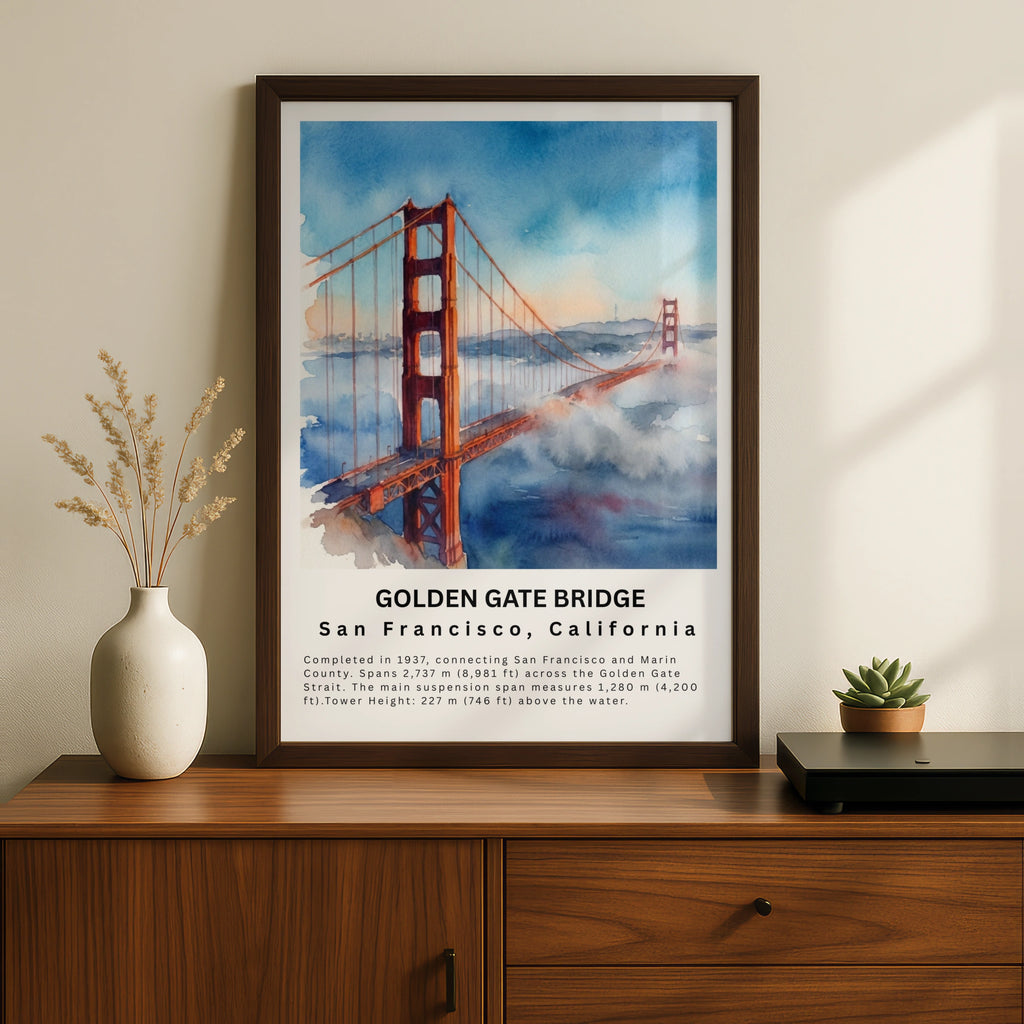 Golden Gate Bridge Poster, San Francisco Watercolour Wall Art, California Travel Print