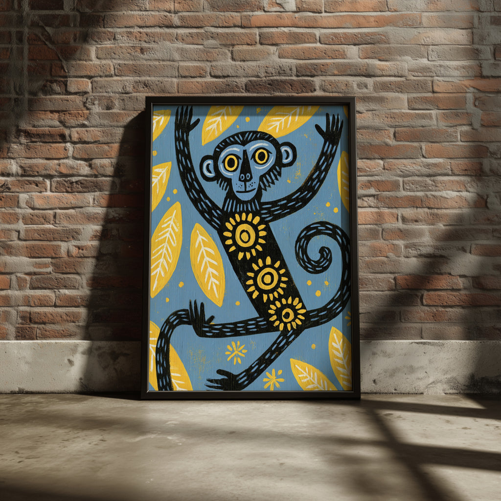 Monkey Kids Wall Art, Folk Art Animal Poster, Blue Yellow Jungle Print, Children's Room Decor