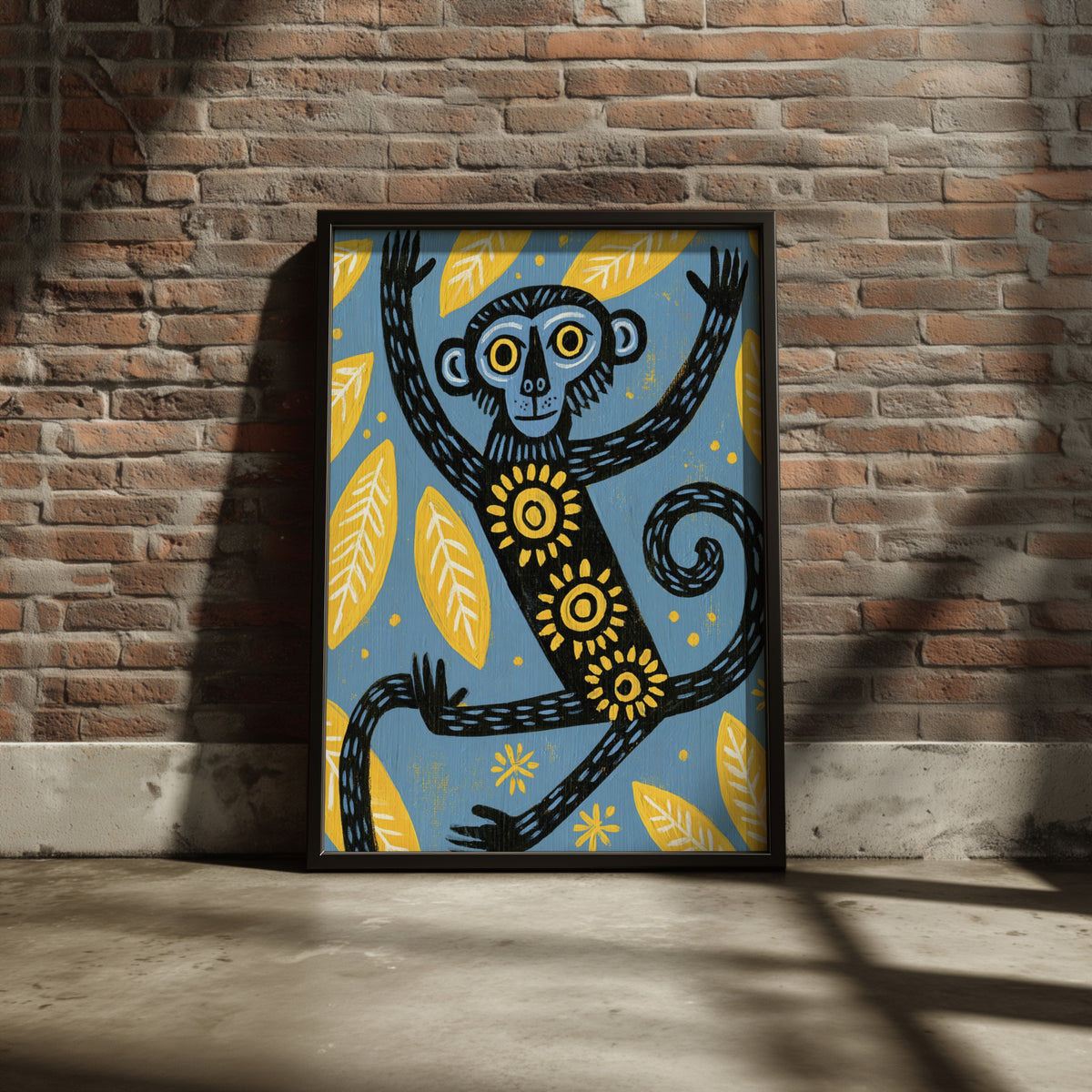 Monkey Kids Wall Art, Folk Art Animal Poster, Blue Yellow Jungle Print, Children's Room Decor