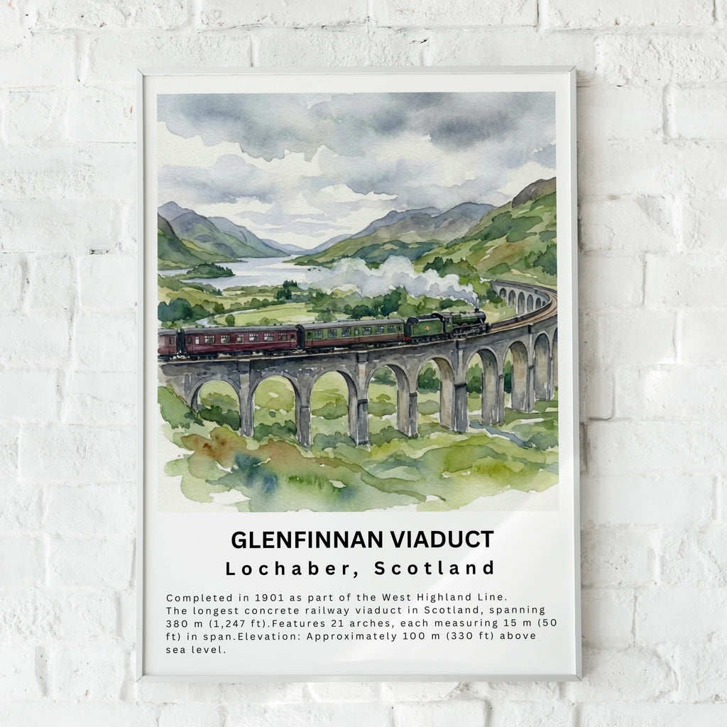 Glenfinnan Viaduct Poster, Scotland Steam Train Wall Art, NC500 Watercolour Print