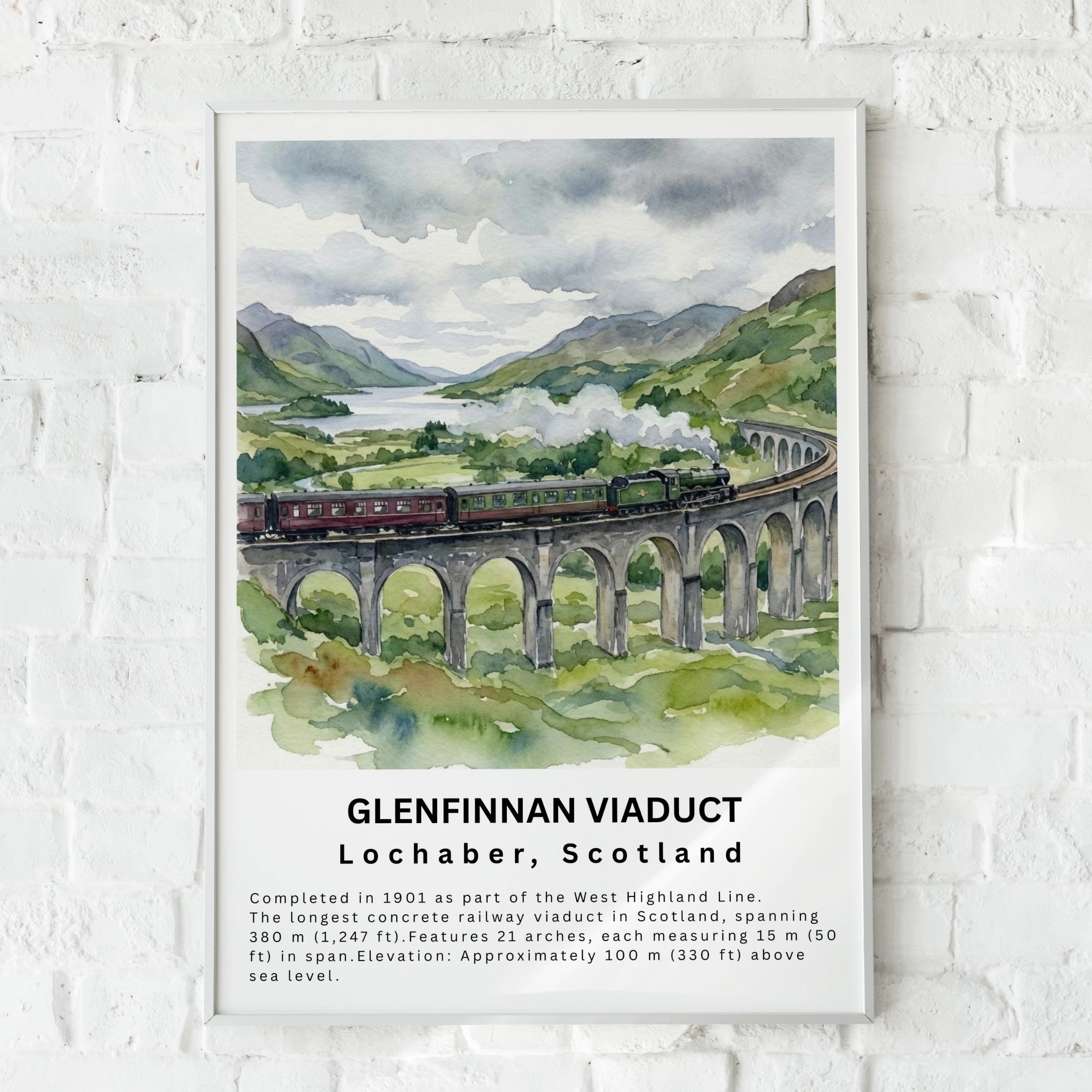 Glenfinnan Viaduct Poster, Scotland Steam Train Wall Art, NC500 Watercolour Print