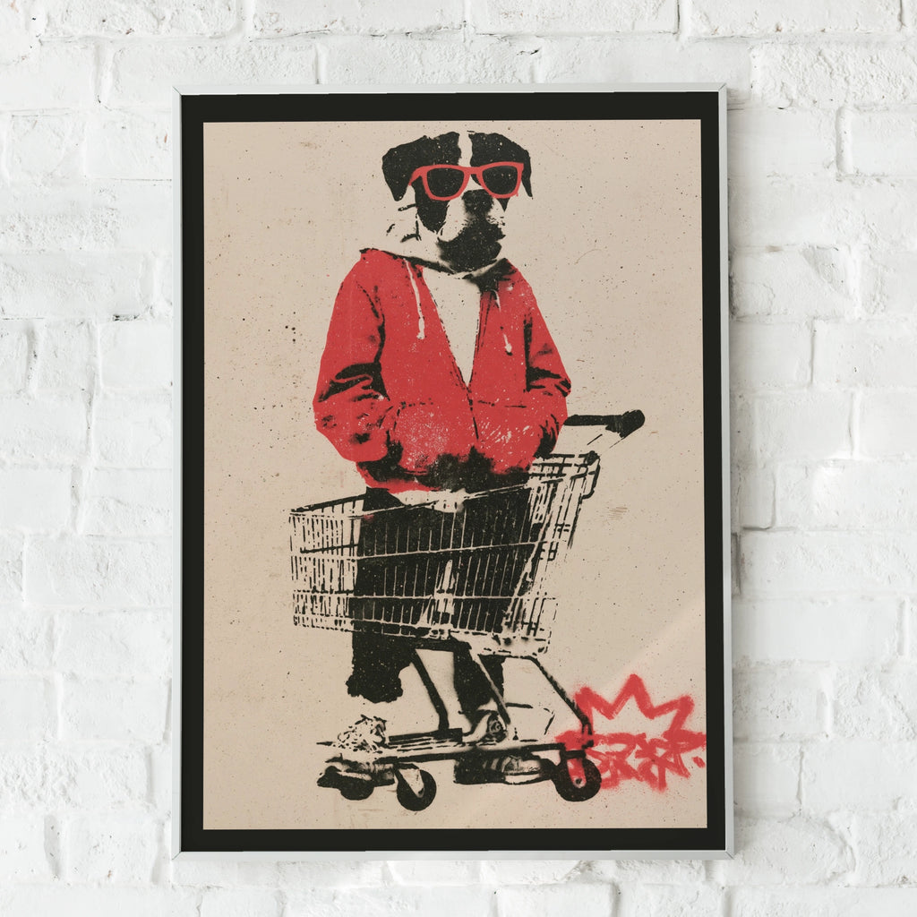 Cool Dog Shopping Trolley Street Art Poster, Graffiti Stencil Wall Art Print