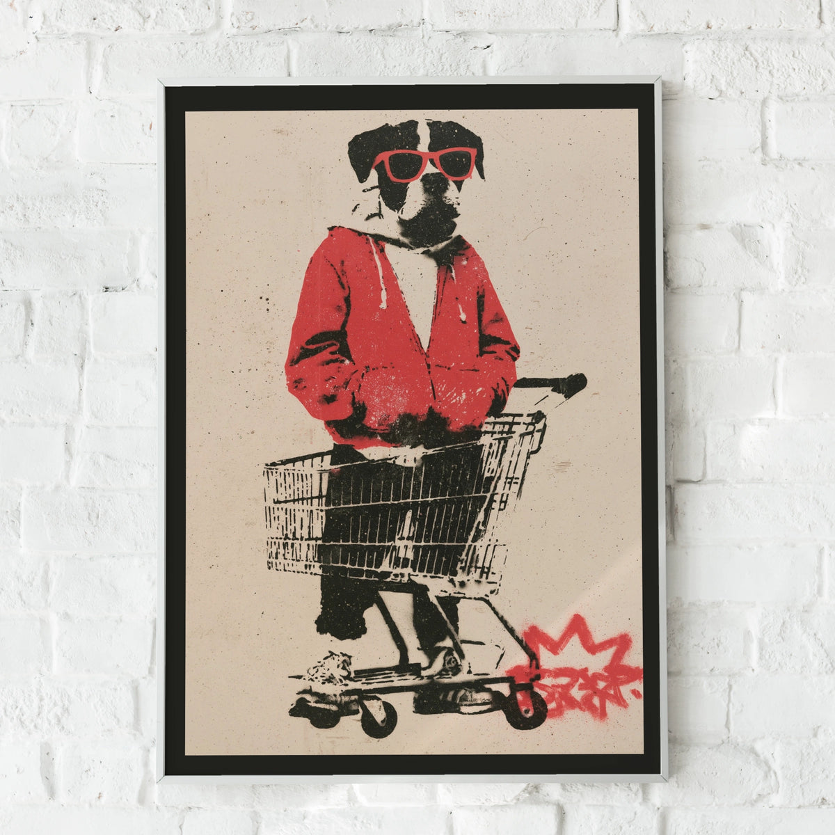 Cool Dog Shopping Trolley Street Art Poster, Graffiti Stencil Wall Art Print