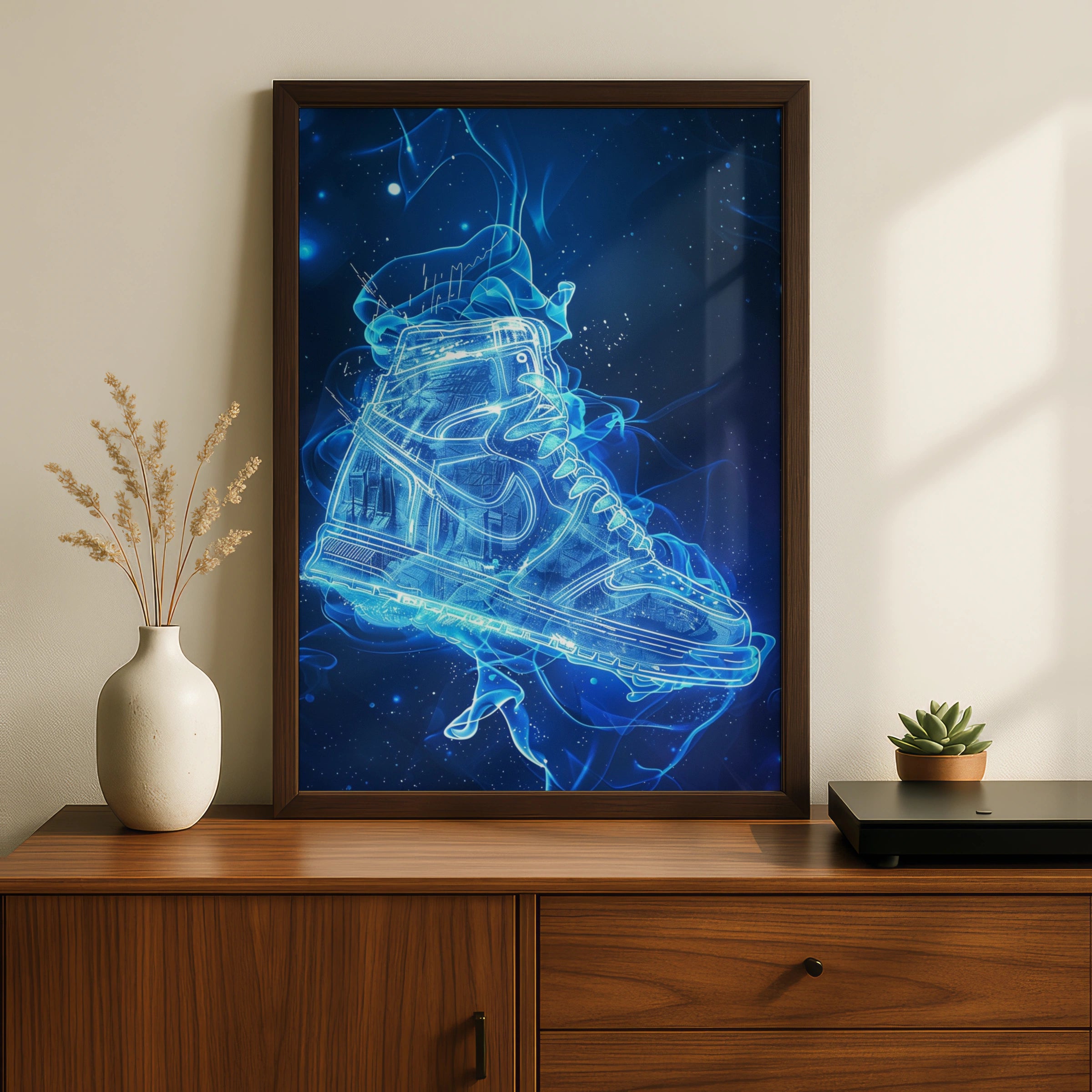 Futuristic Sneaker Neon Blue Art Print, Trainer Poster, Streetwear Wall Art Gift