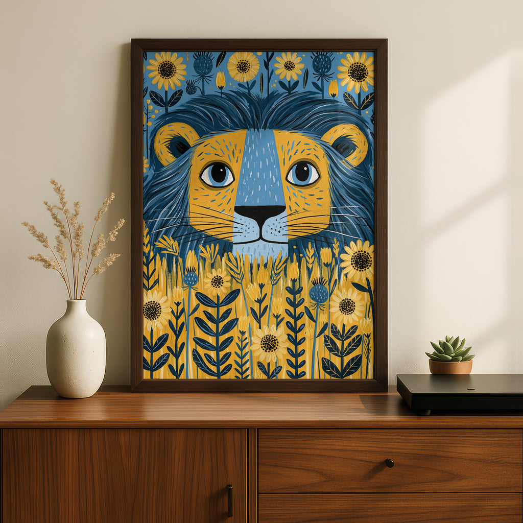 Kids Lion Poster, Floral Folk Art Print, Blue Yellow Nursery Wall Art, Children's Room Decor