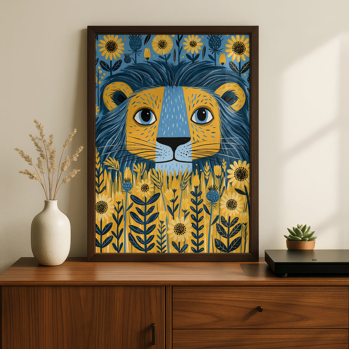 Kids Lion Poster, Floral Folk Art Print, Blue Yellow Nursery Wall Art, Children's Room Decor