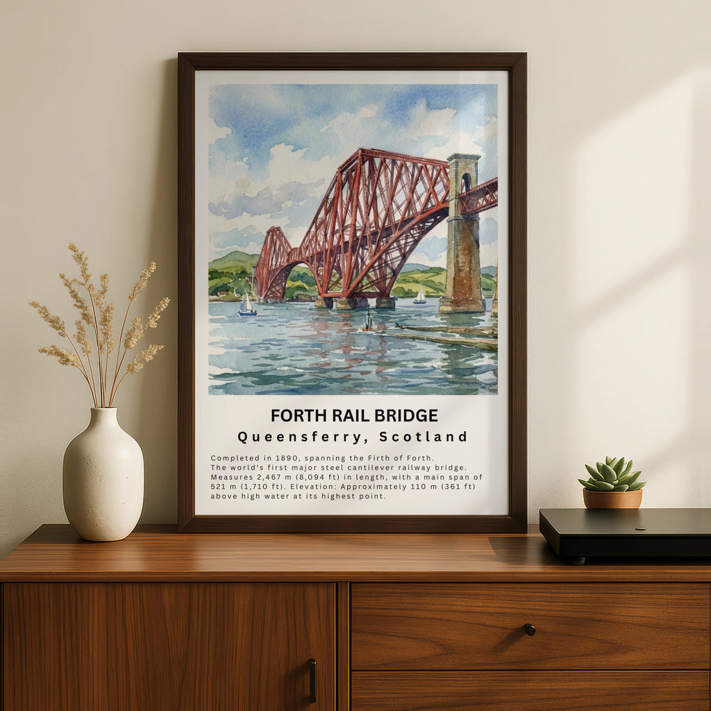 Forth Rail Bridge Poster, Queensferry Scotland Watercolour Wall Art Print