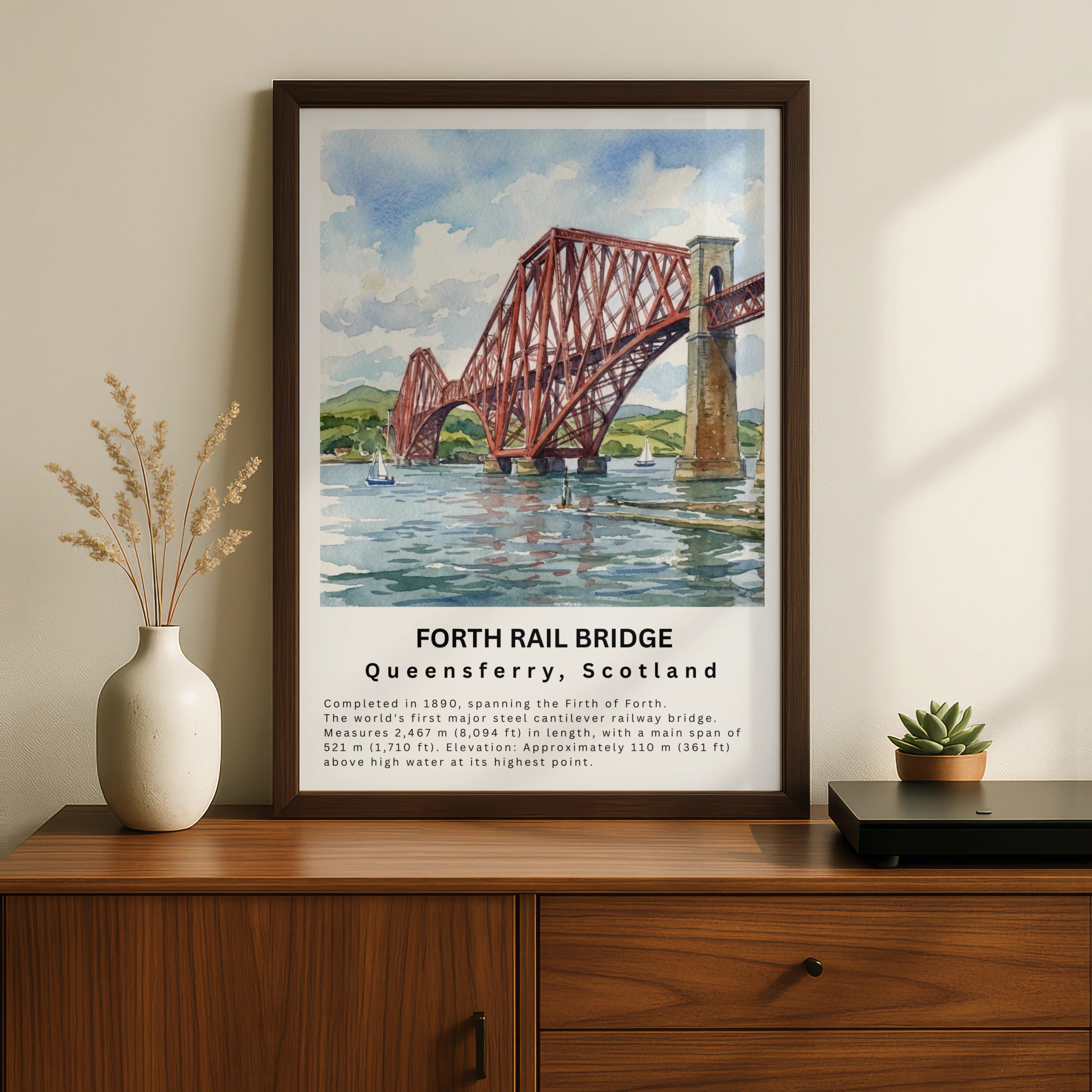 Forth Rail Bridge Poster, Queensferry Scotland Watercolour Wall Art Print
