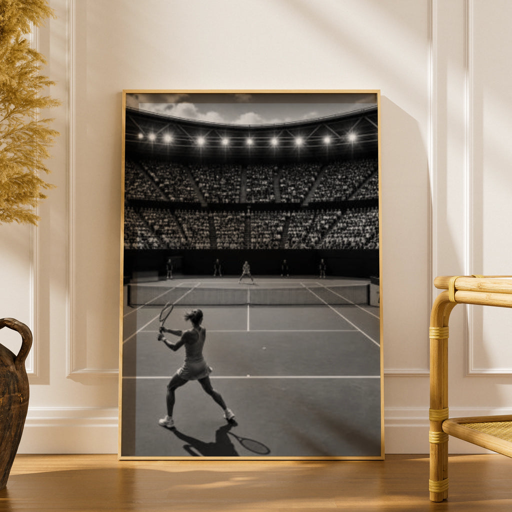 Tennis Women Poster, Black and White Sports Wall Art, Stadium Court Print, Gift for Her
