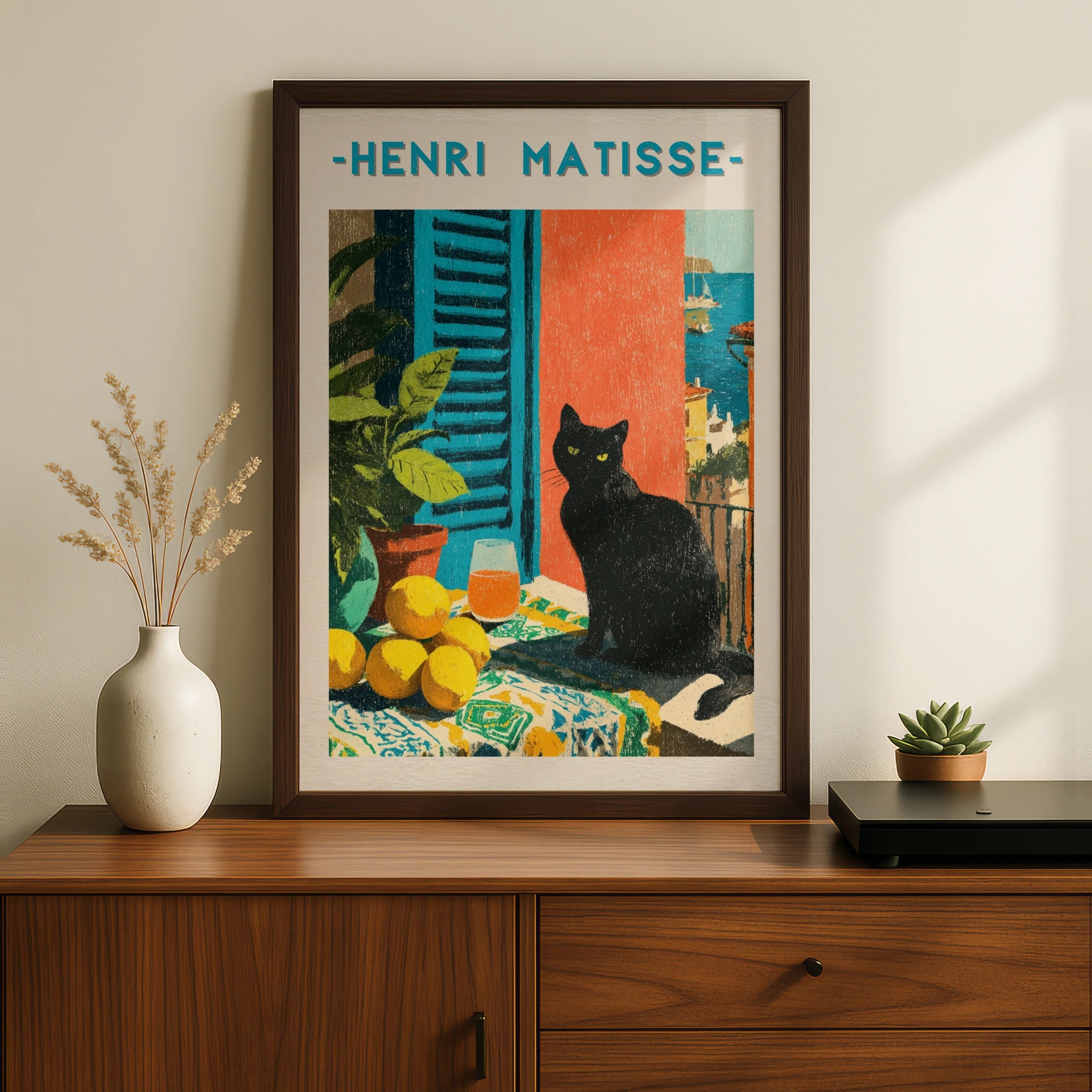 Black Cat Patio Poster, Matisse Style Wall Art, Mediterranean Print, Colourful