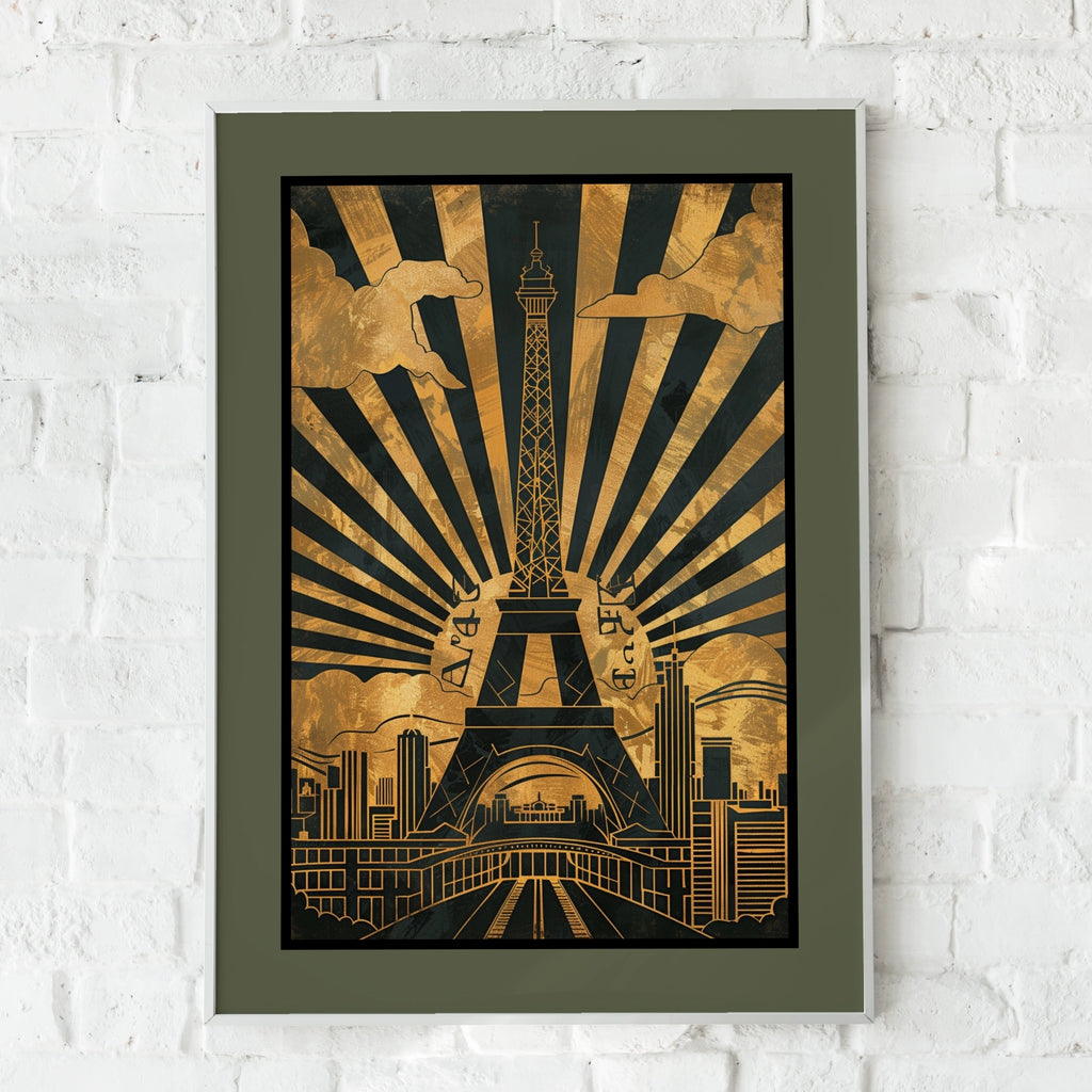 Travel Wall Art | Paris Eiffel Tower Art Deco Poster, Gold Black Vintage Wall Art Print
