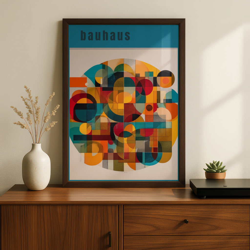 Bauhaus Geometric Art Poster, Teal Abstract Wall Art, Colourful Modernist Print for Living Room