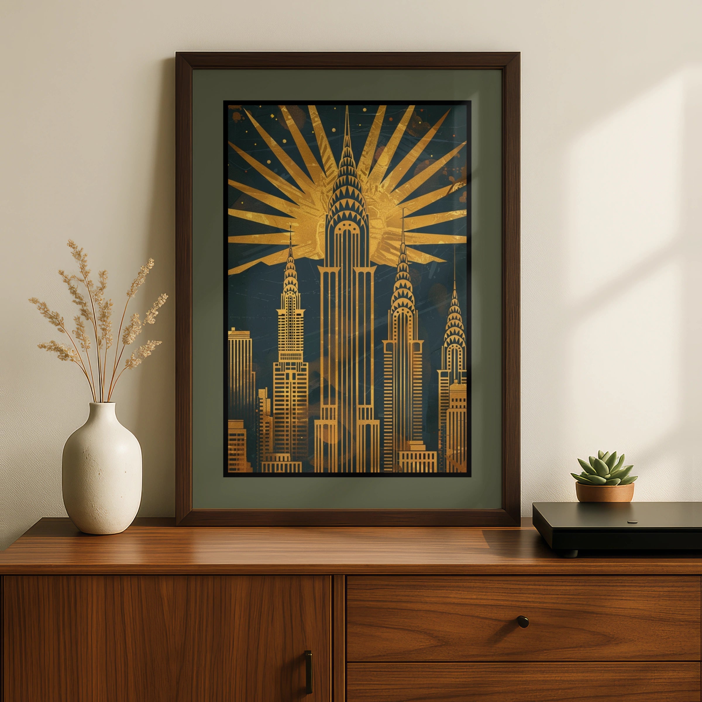 Travel Wall Art | New York Art Deco Poster, Chrysler Building Gold Navy Skyline Wall Art Print