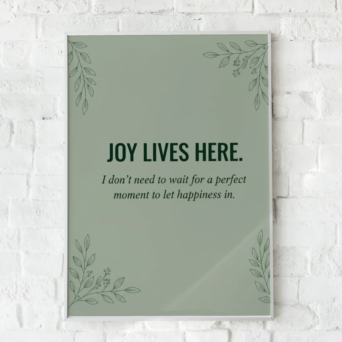 Joy Lives Here Poster, Sage Green Botanical Quote Print, Happiness Wall Art Gift