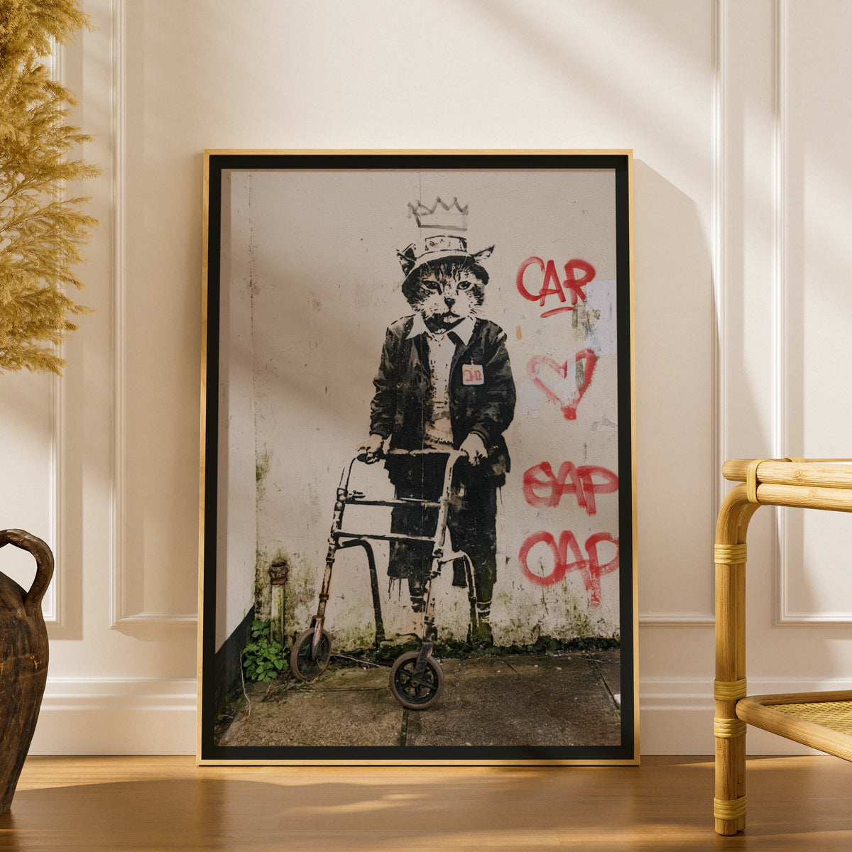 Street Art Cat Walking Frame Poster, Graffiti Wall Art, Urban Stencil Print, Funny Cat Gift