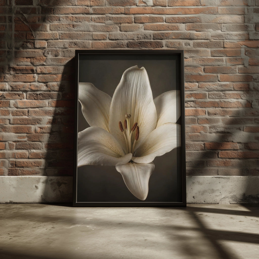 White Lily Flower Poster, Botanical Wall Art, Moody Floral Print, Dark Background