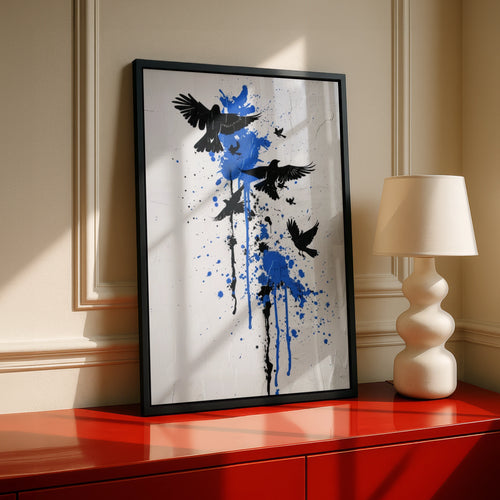 Banksy Style Graffiti Wall Art | Freedom Birds Wall Art, Black Crow Silhouette Blue Paint Splatter Street Art Poster