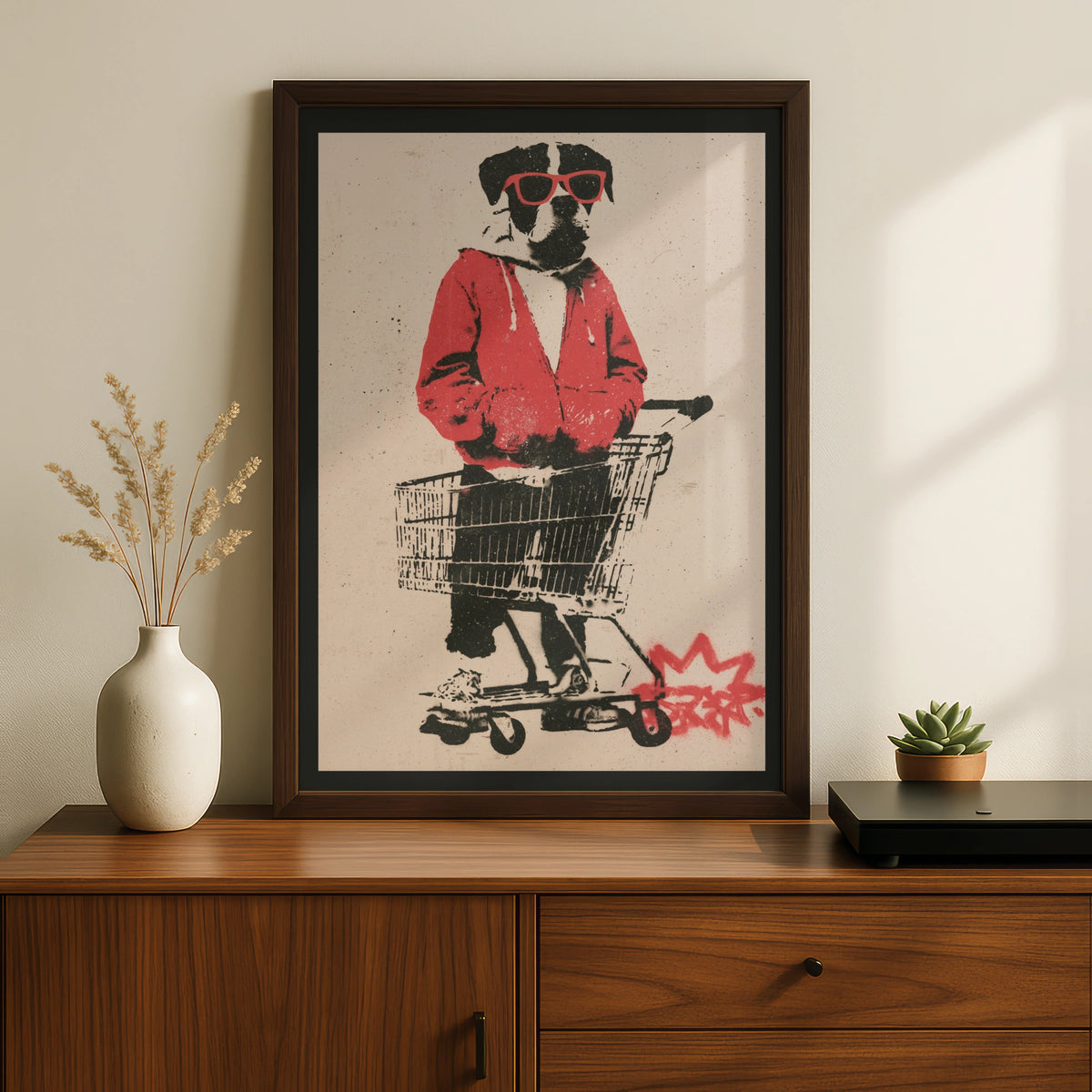 Cool Dog Shopping Trolley Street Art Poster, Graffiti Stencil Wall Art Print