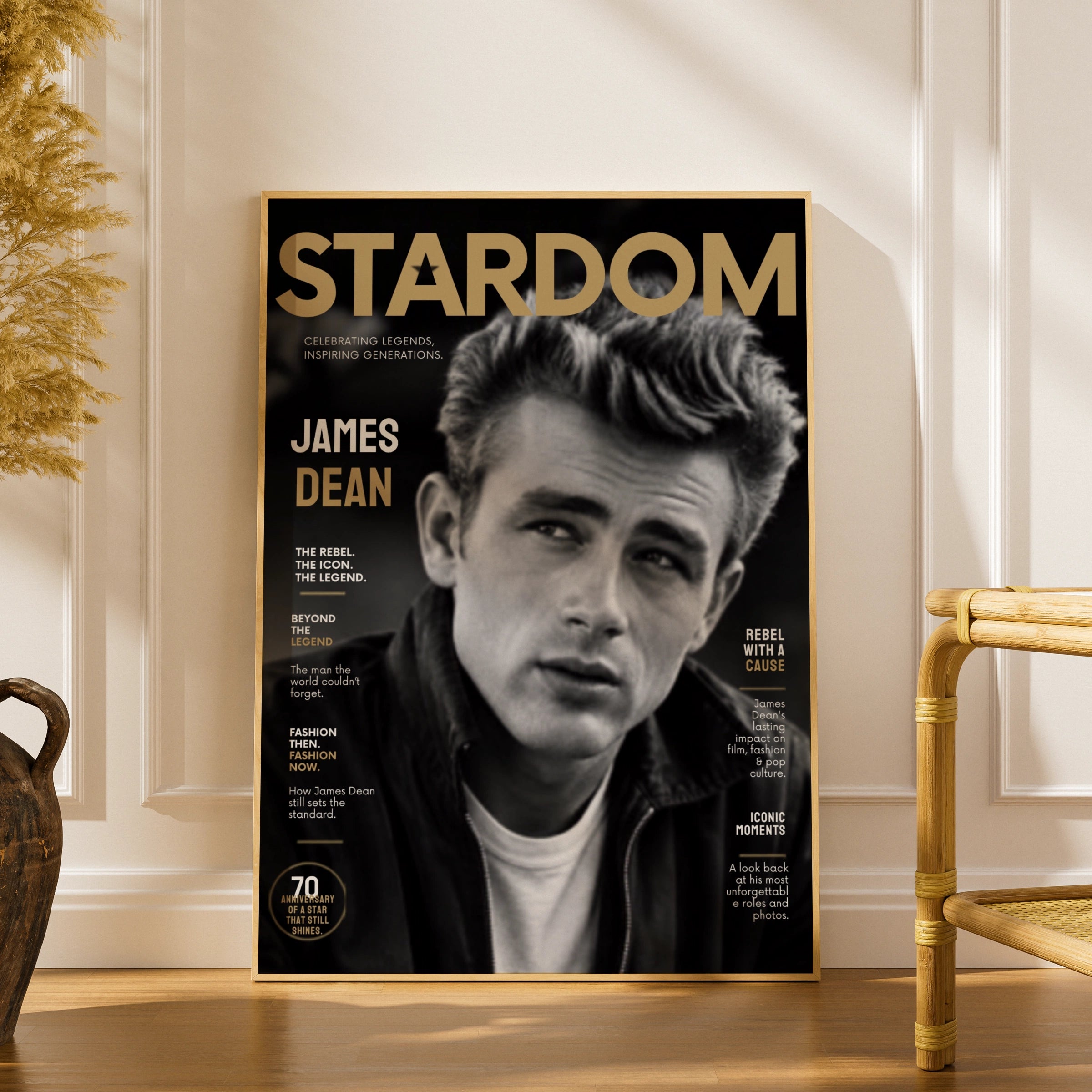 James Dean Magazine Cover Poster, Rebel Icon Wall Art, Black and Gold Print