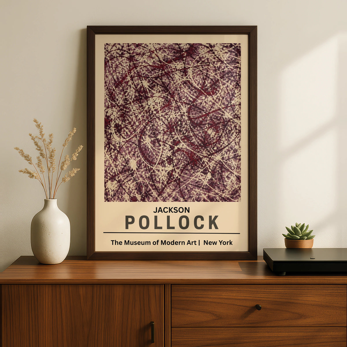 Jackson Pollock Abstract Expressionist Poster, MoMA Wall Art, Burgundy Cream Drip Print