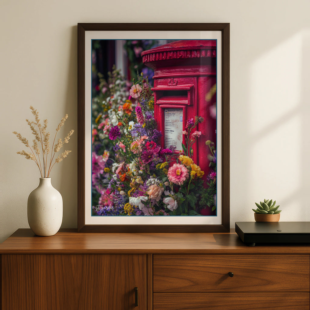 Red Post Box Floral Wall Art, British Letter Box Poster, London Flower Print