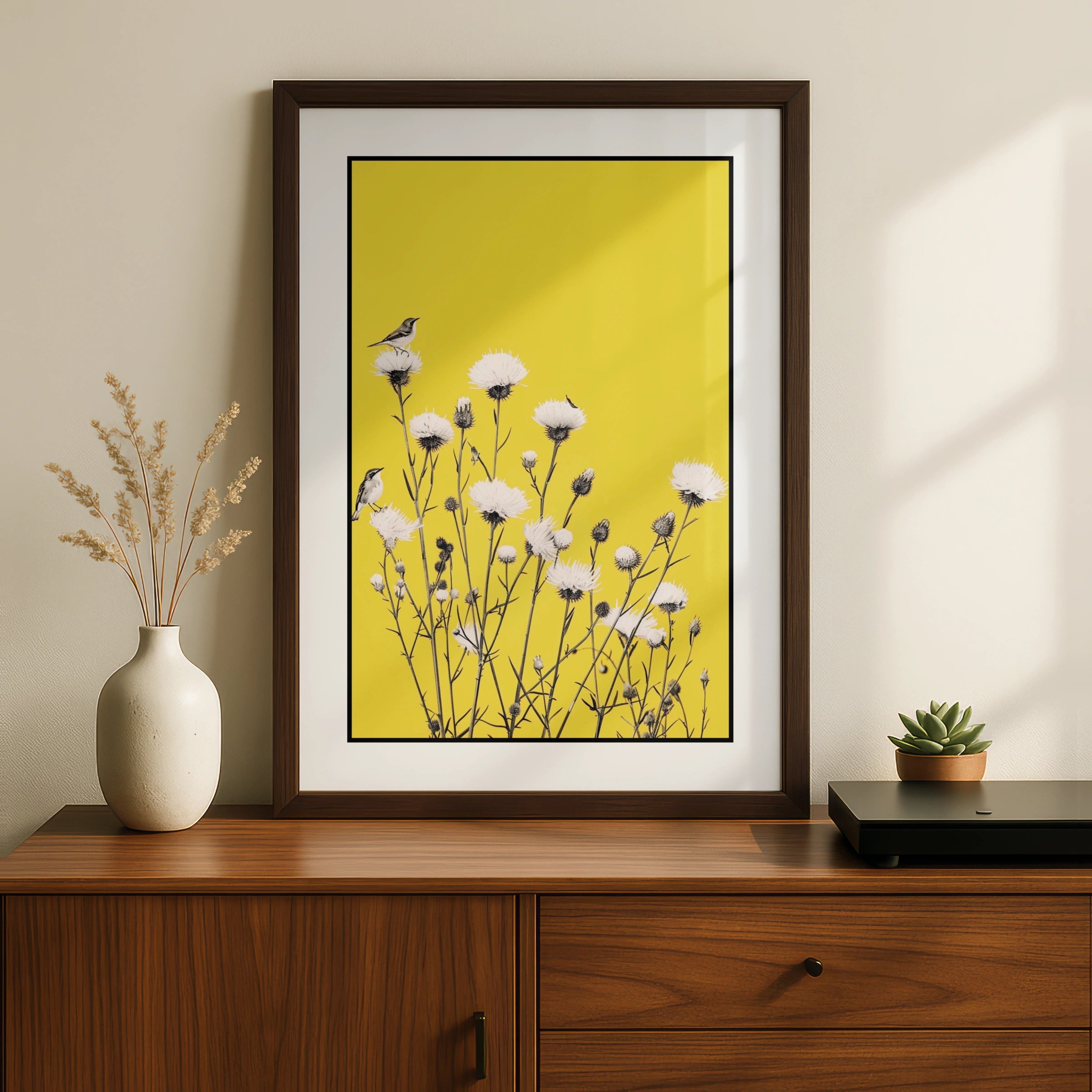Botanical Wall Art | Yellow Bird Wildflower Poster,  Thistle Print, Nature Decor