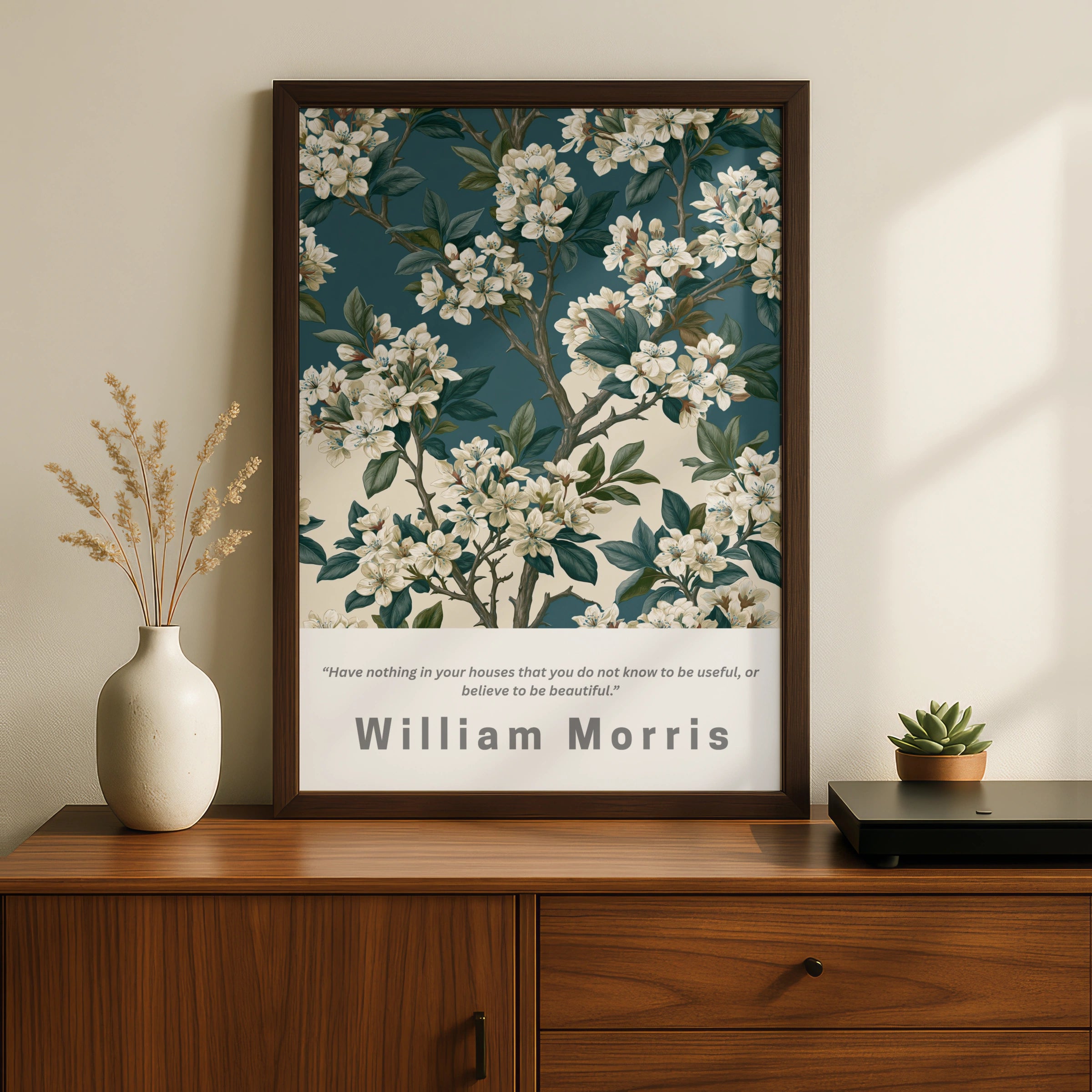 William Morris Thorn Floral Poster, Botanical Wall Art, Teal Cream Blossom Print