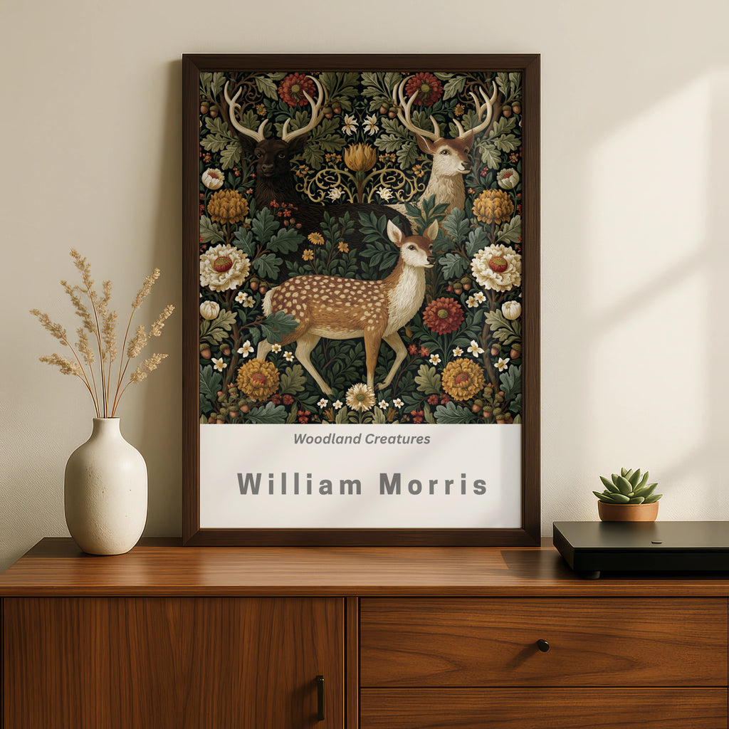 William Morris Deer Poster, Woodland Creatures Wall Art, Floral Stag Print, Dark Botanical