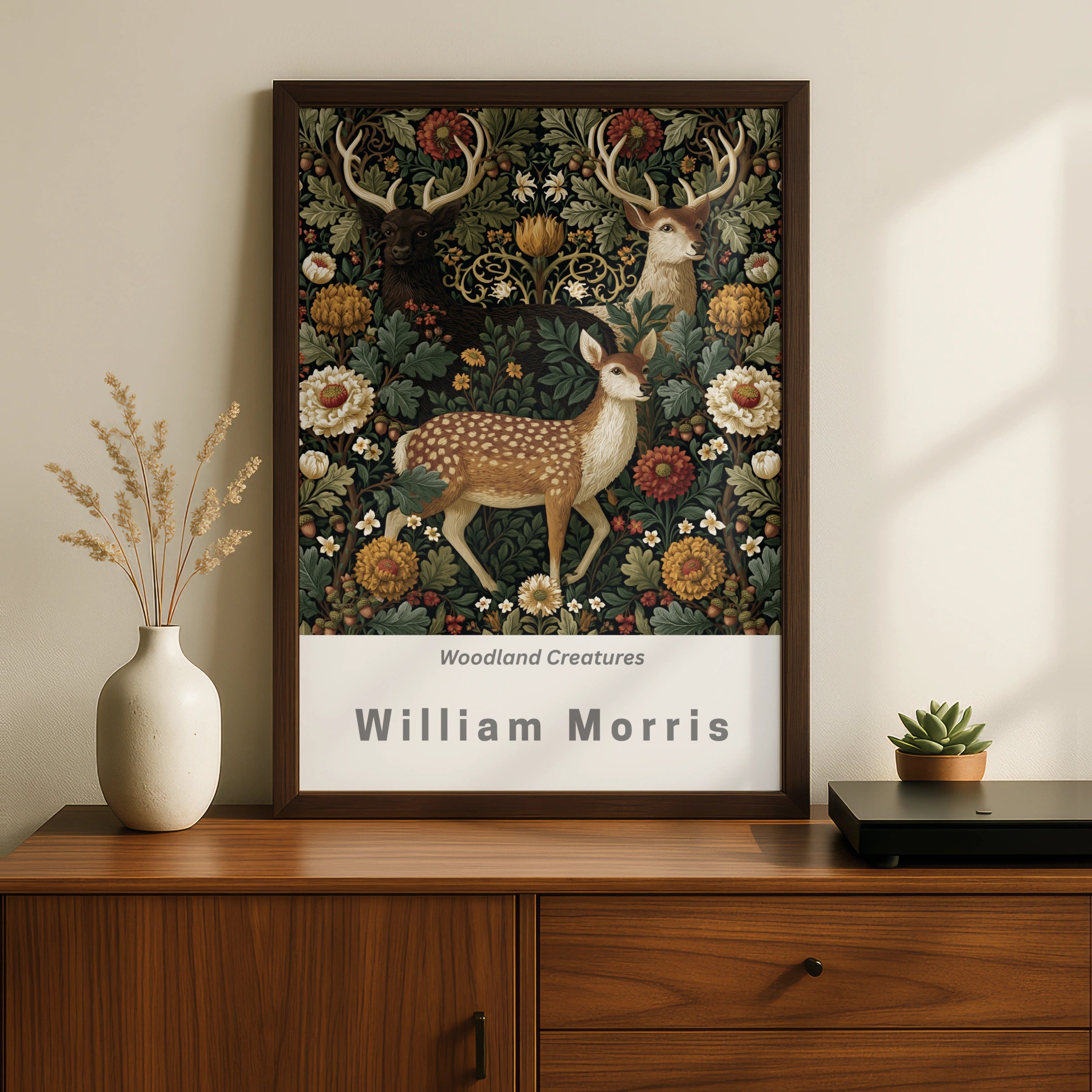 William Morris Deer Poster, Woodland Creatures Wall Art, Floral Stag Print, Dark Botanical