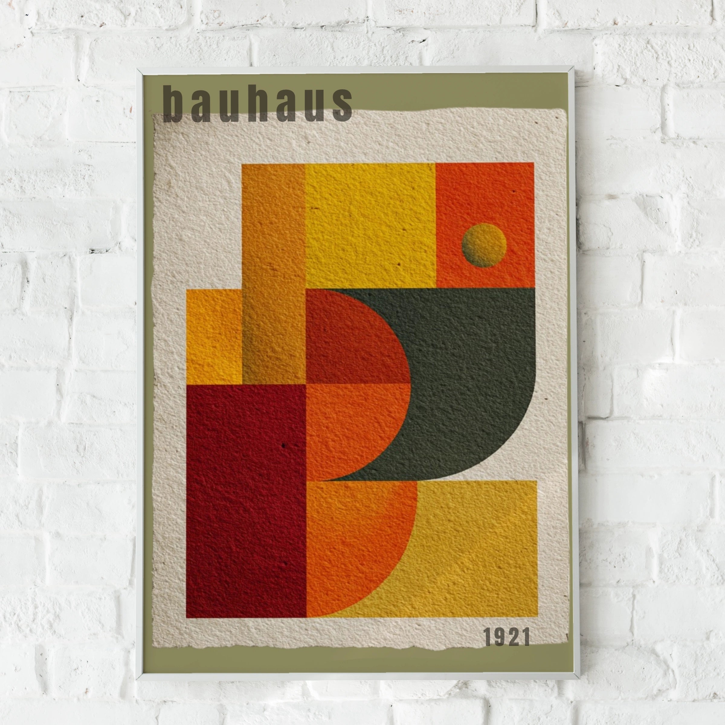 Bauhaus 1921 Geometric Poster, Olive Mid Century Wall Art, Orange Red Abstract Print