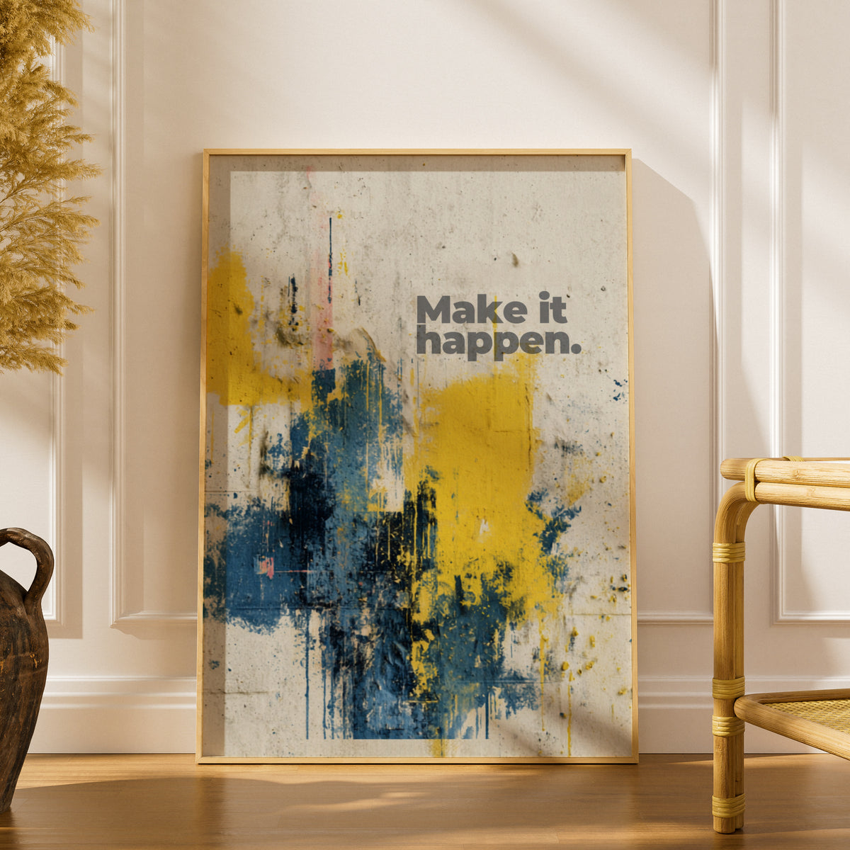 Make It Happen Quote Poster, Motivational Wall Art, Abstract Paint Splatter Print, Bold Typography