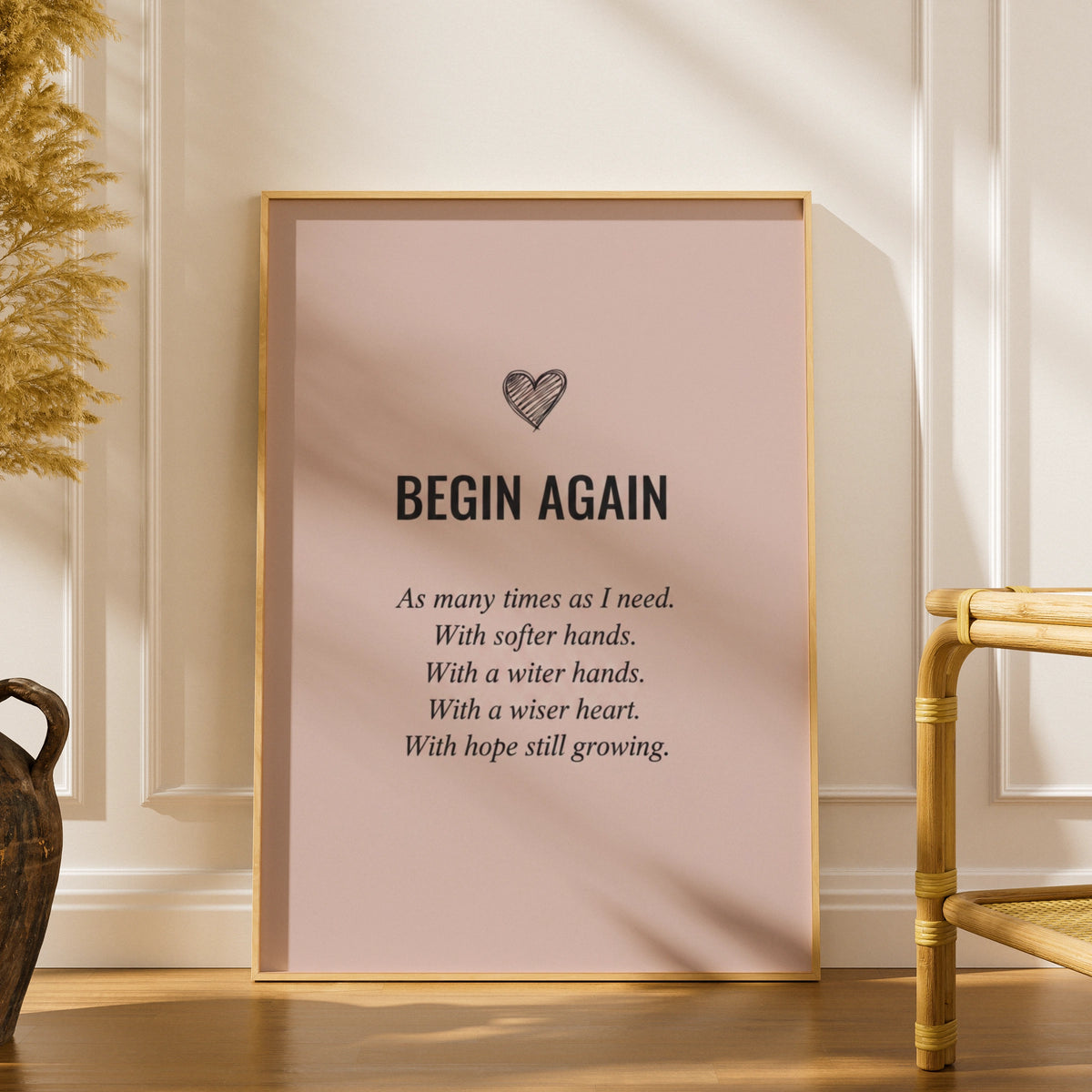 Begin Again Inspirational Quote Poster, Blush Pink Motivational Wall Art Print