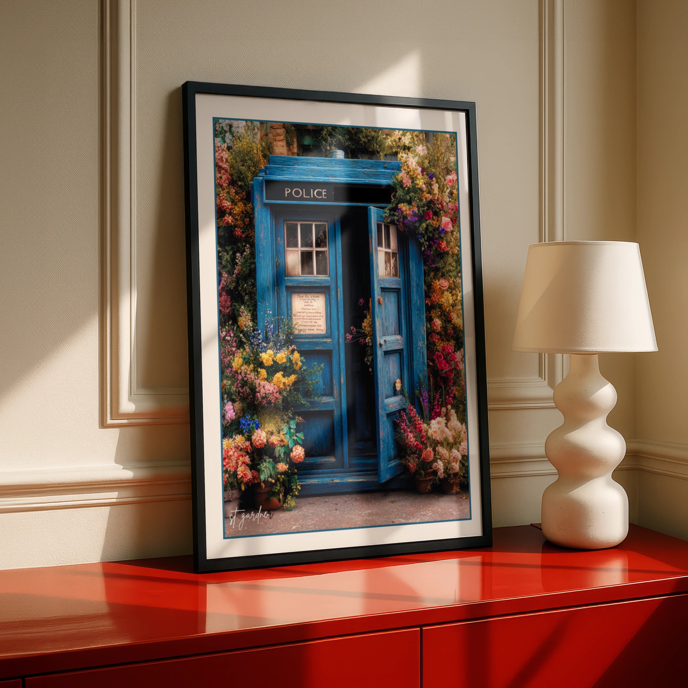 Blue Police Box Floral Poster, Tardis Art Print, Sci-Fi Wall Decor, Cottagecore Gift