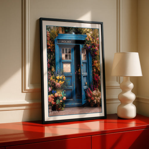 Blue Police Box Floral Poster, Tardis Art Print, Sci-Fi Wall Decor, Cottagecore Gift