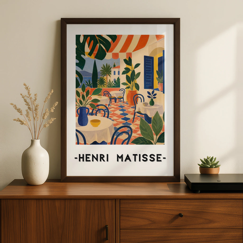 Matisse Style Cafe Poster, Mediterranean Terrace Wall Art, Colourful Botanical Print