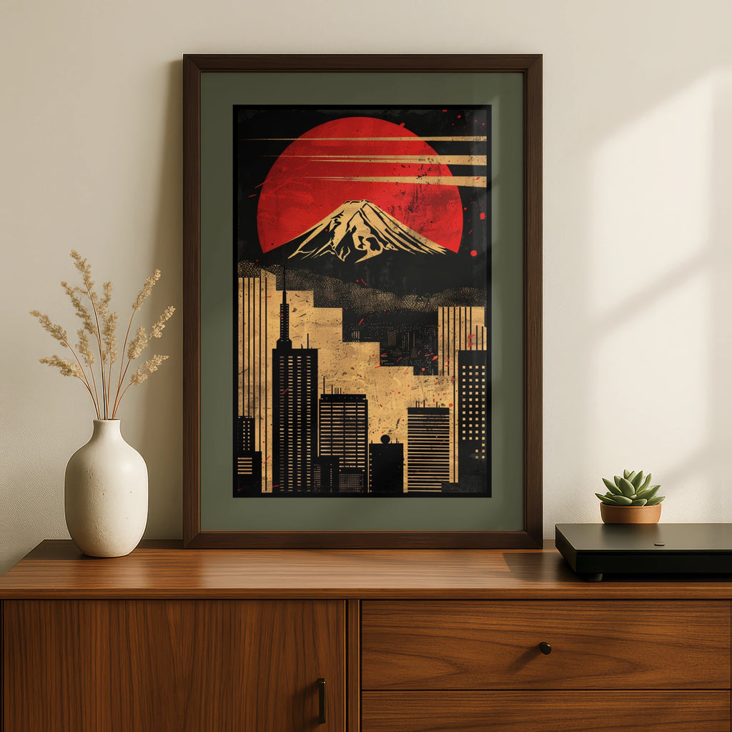 Travel Wall Art | Tokyo Mount Fuji Poster, Red Sun Japan Wall Art, Retro City Skyline Print, Black Gold