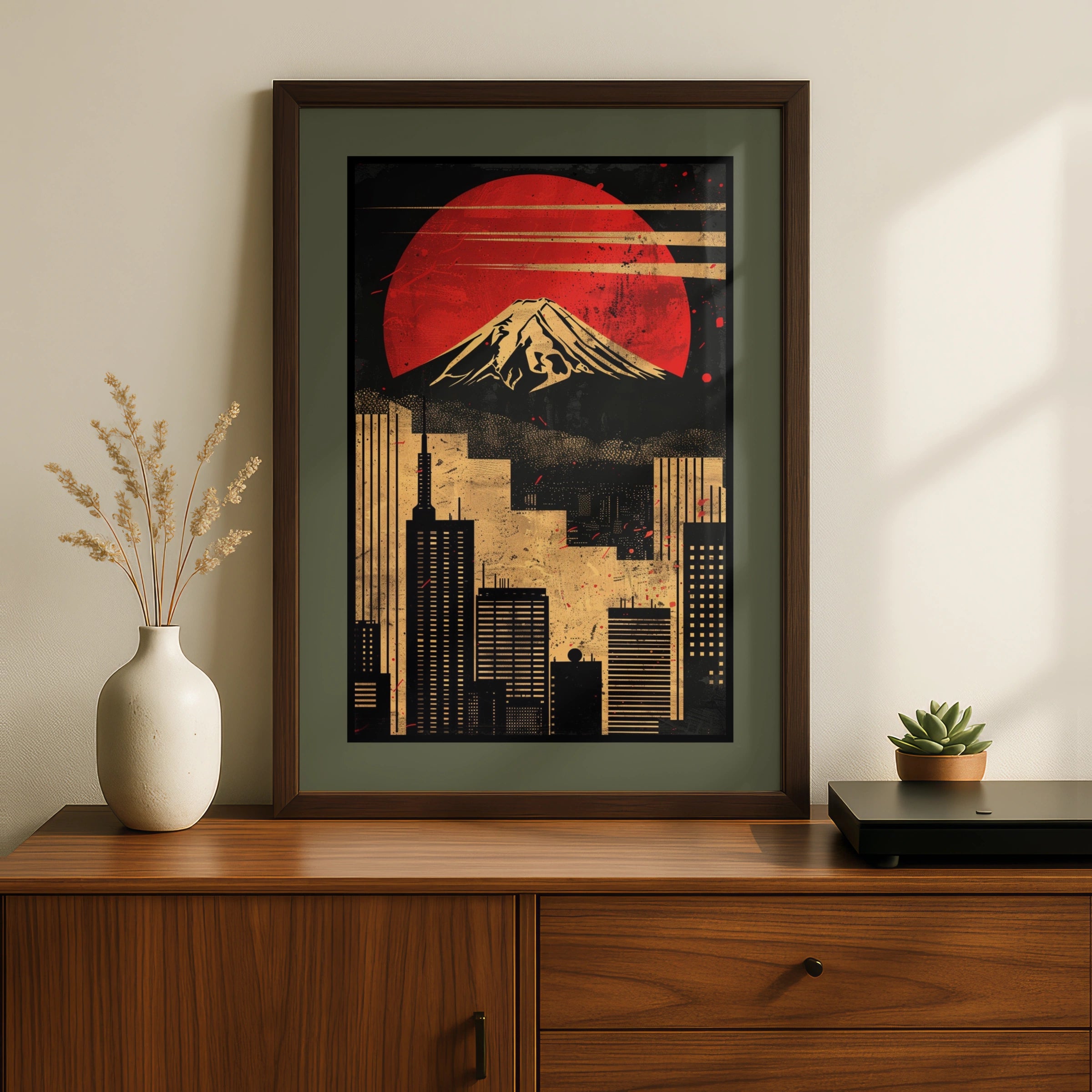 Travel Wall Art | Tokyo Mount Fuji Poster, Red Sun Japan Wall Art, Retro City Skyline Print, Black Gold