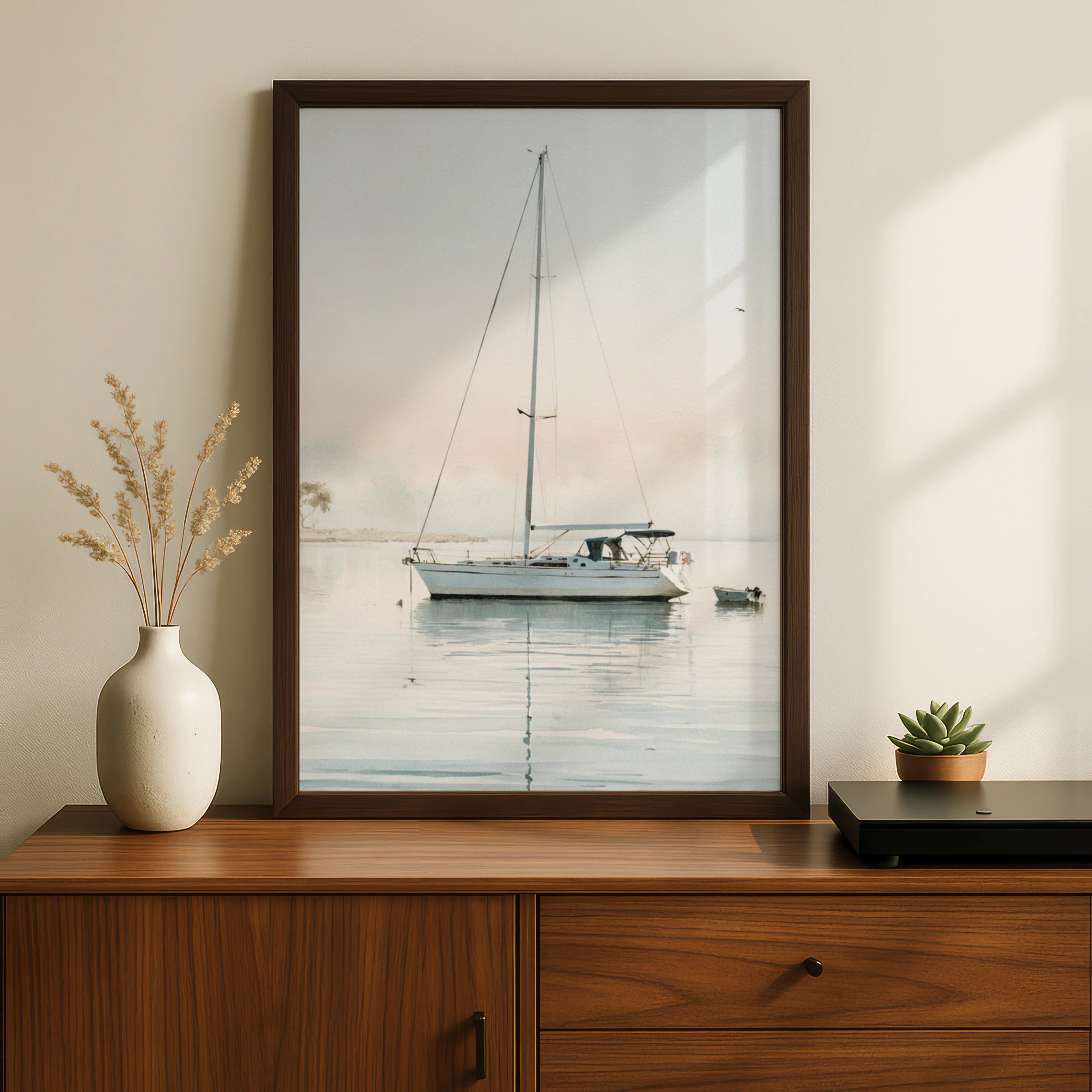Watercolour Sailboat Print, Calm Sea Wall Art, Nautical Poster, Coastal Home Decor Gift